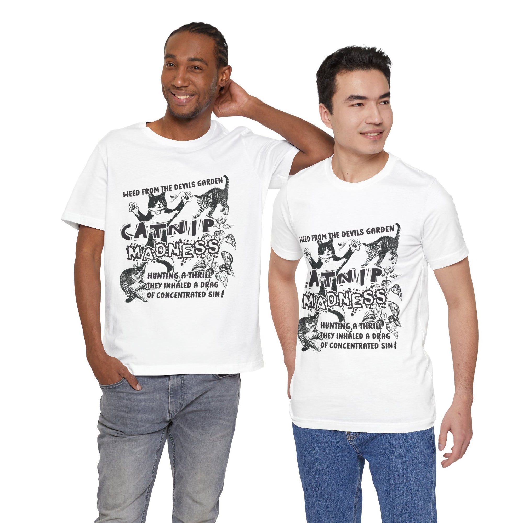 Two men wearing white t-shirts with black graphic designs and text.