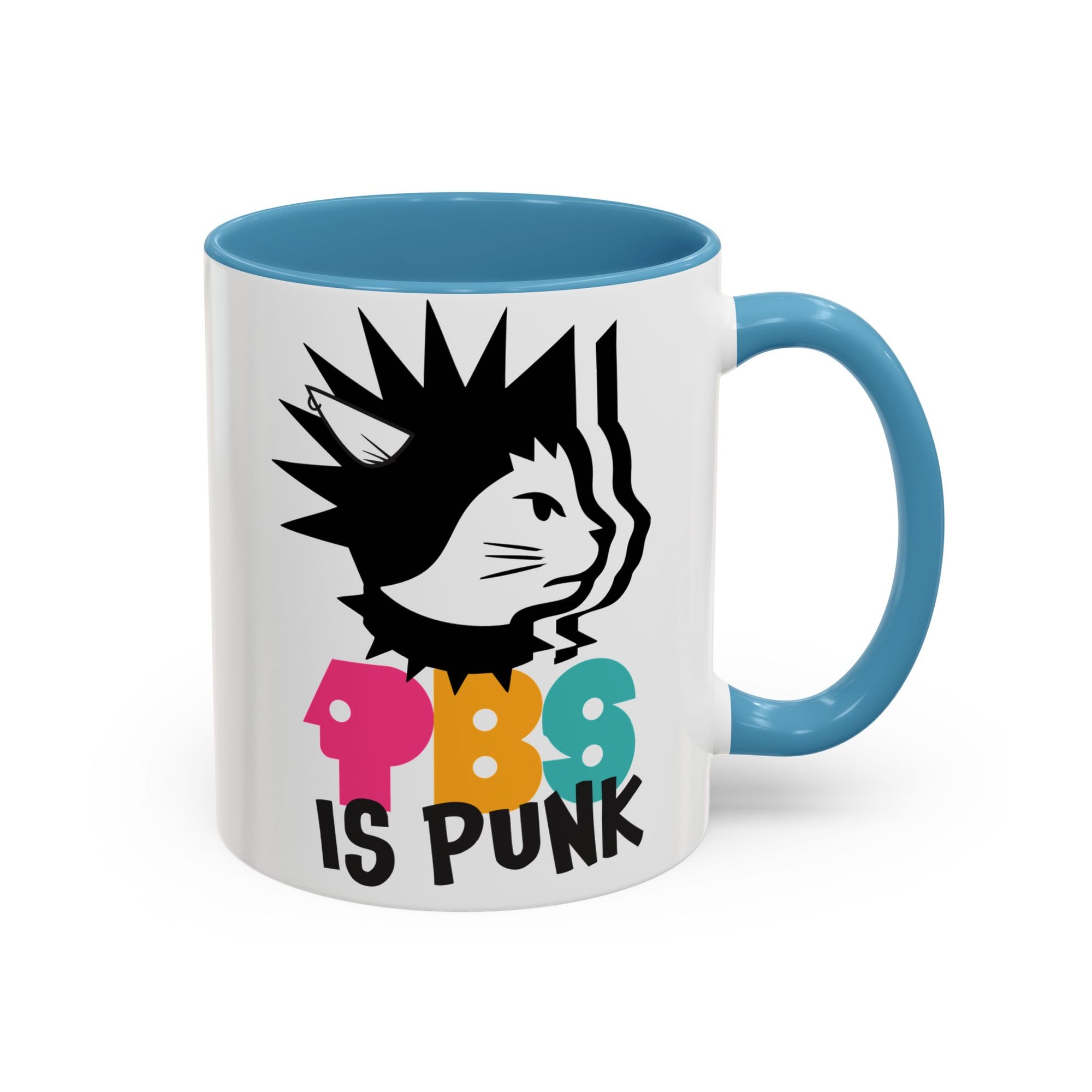 Mug with a graphic design of a cat and text 'PBS is Punk' on a white background