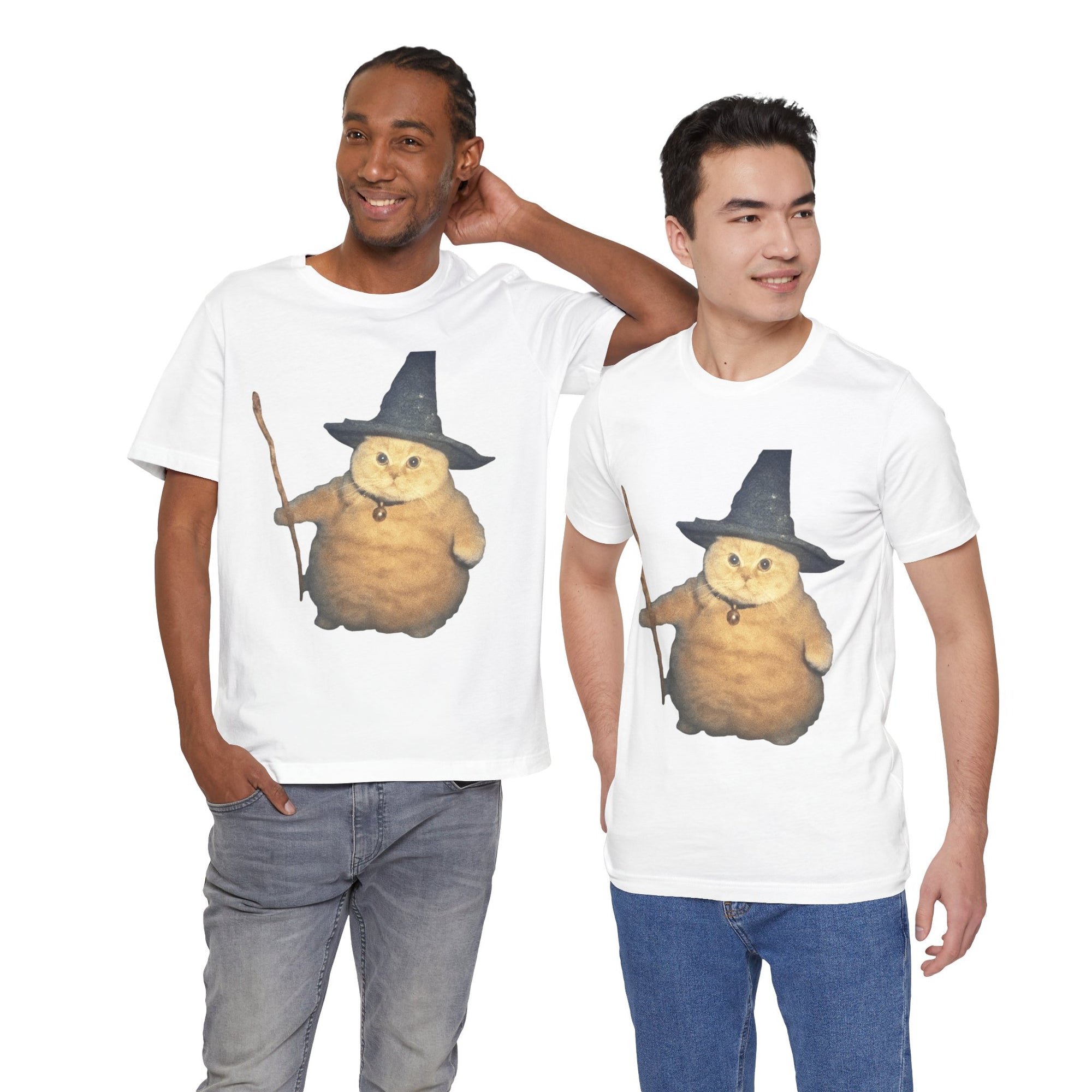 Two men wearing white t-shirts with a cat in a witch hat