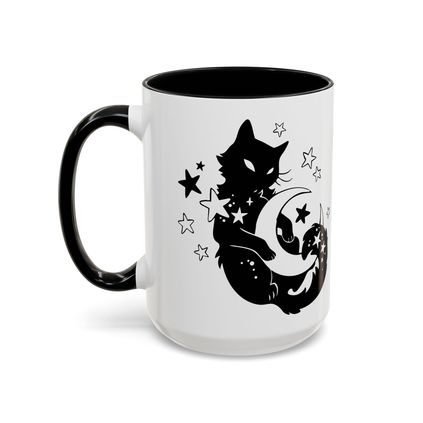 White mug with black handle featuring a black cat and moon design on a white background