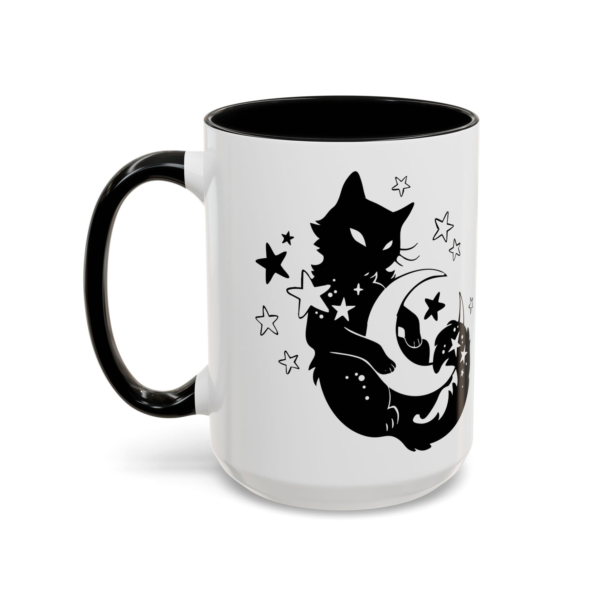 White mug with black handle featuring a black cat and moon design on a white background