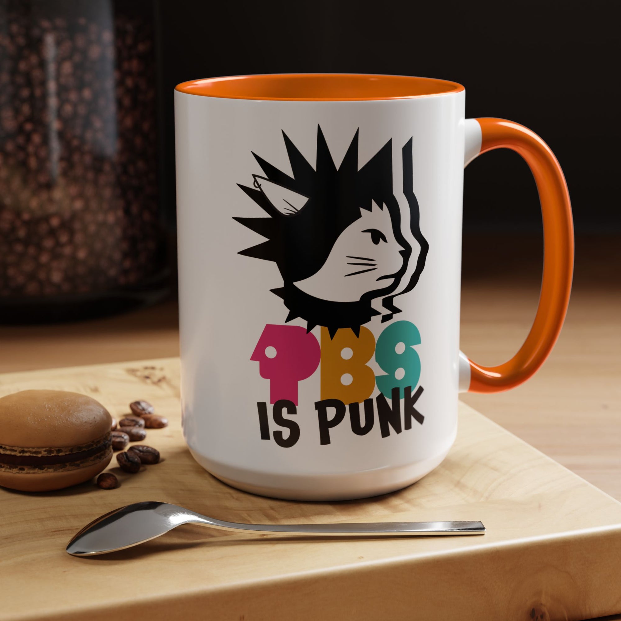 White mug with orange interior and handle