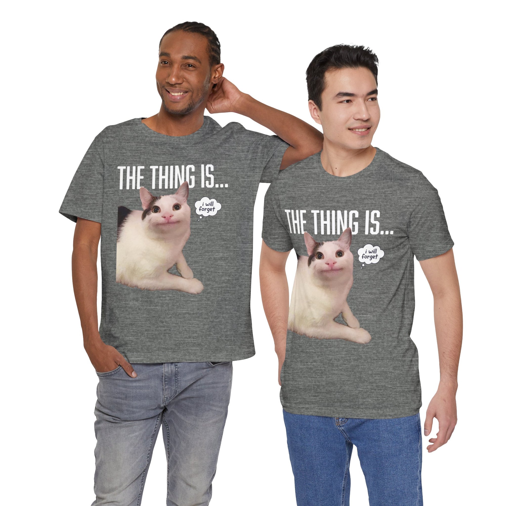Two people wearing gray t-shirts with a cat graphic and text.