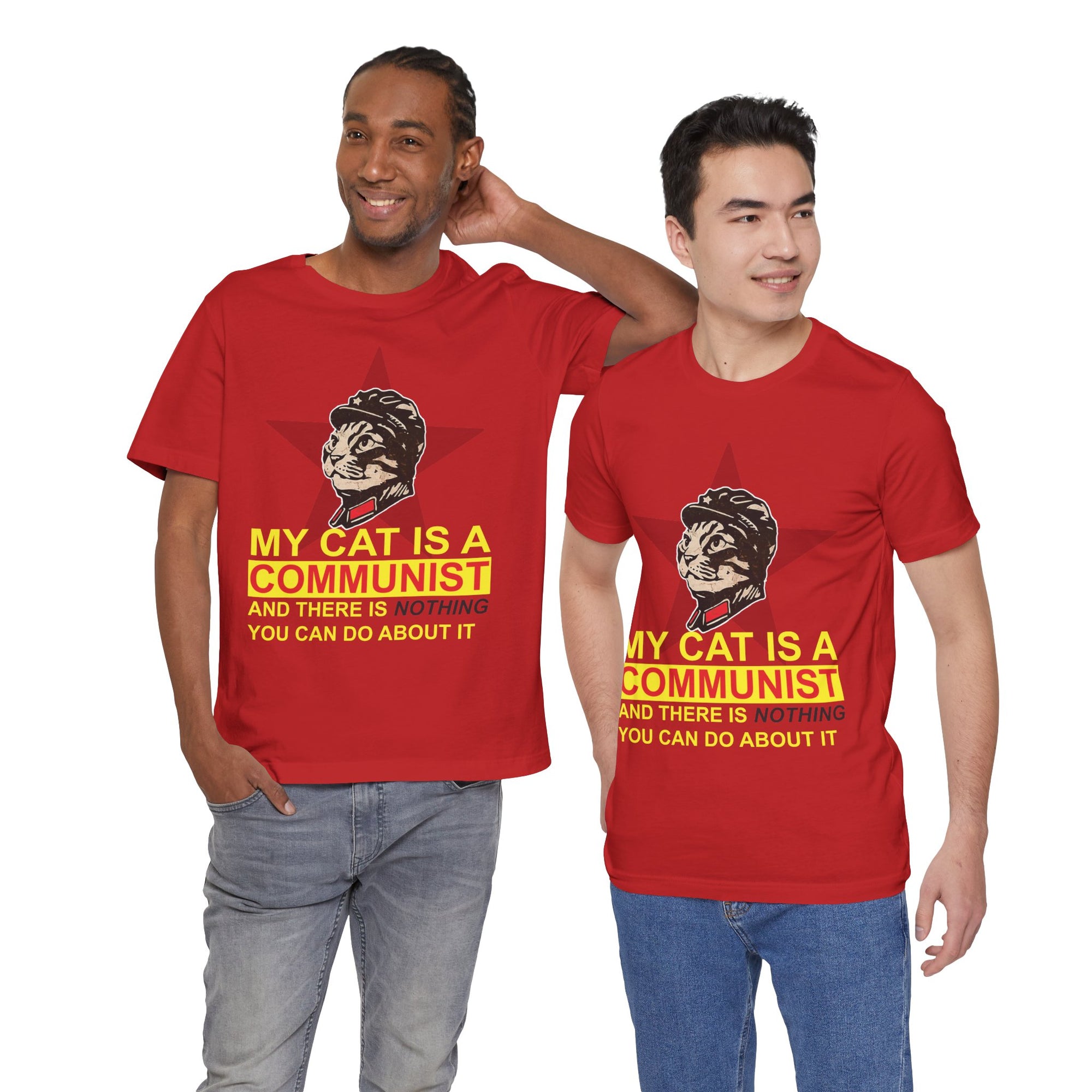 Two men wearing red t-shirts with a cat graphic and text.