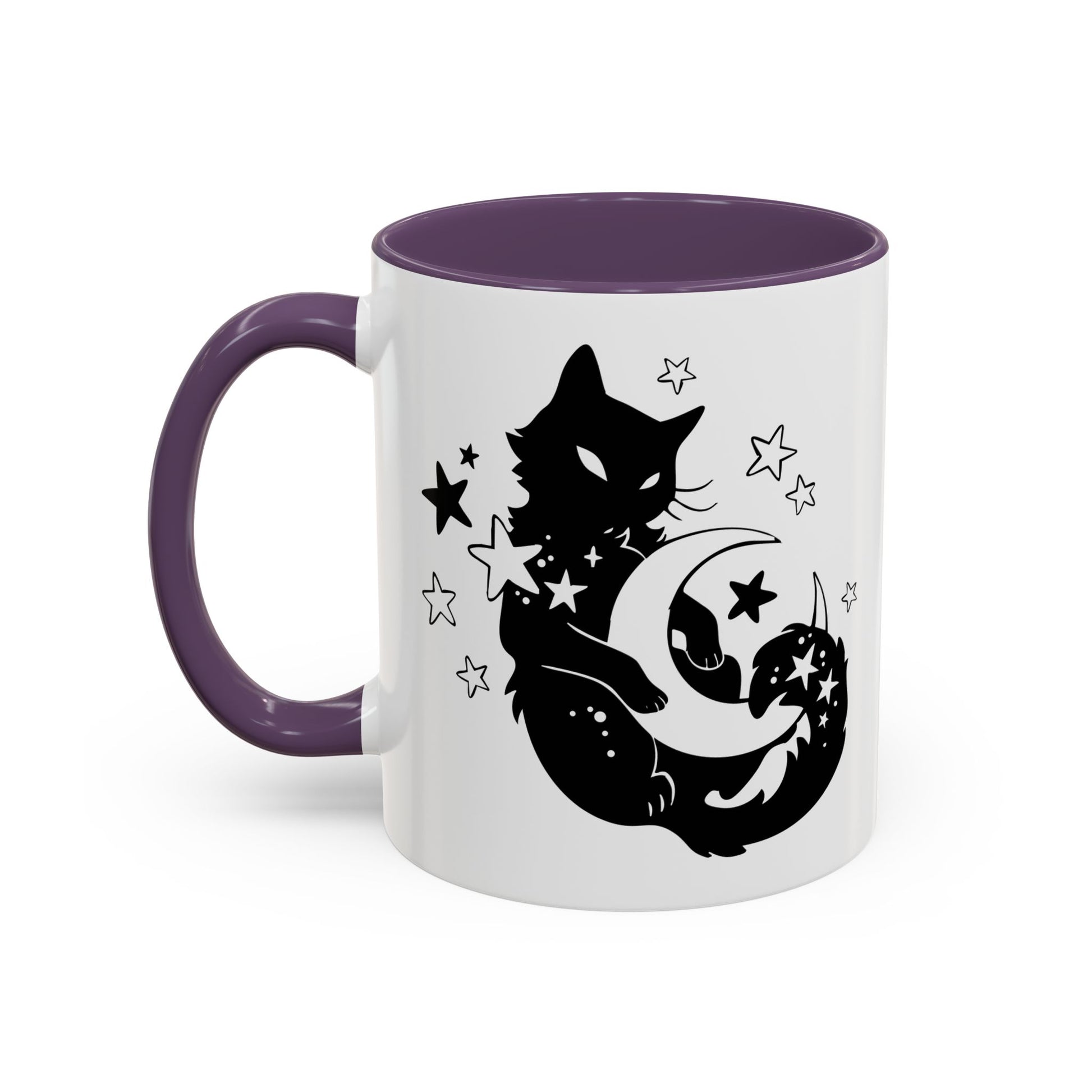 Mug with a black cat and moon design on a white background