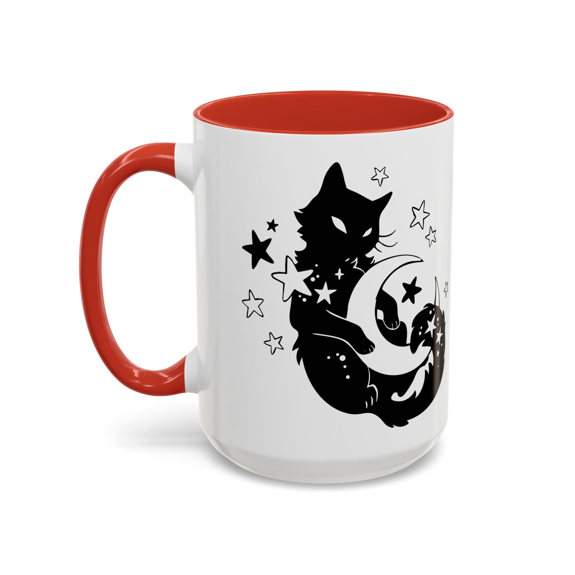 White mug with red interior and handle, featuring a black cat and moon design.