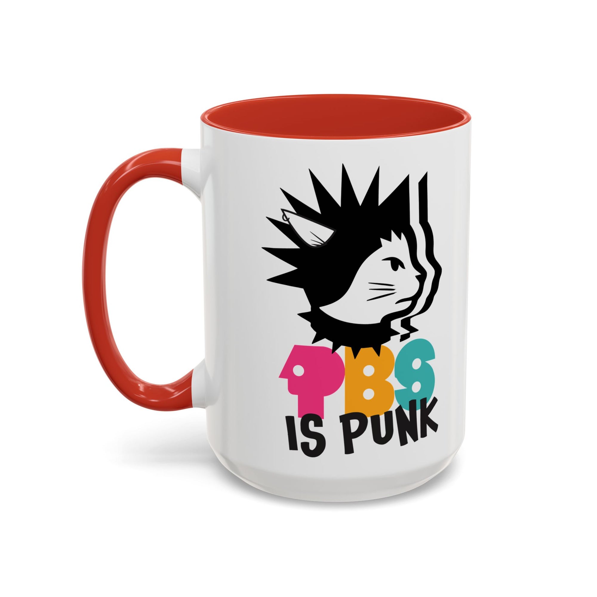 White mug with red handle featuring a graphic design and text on a white background