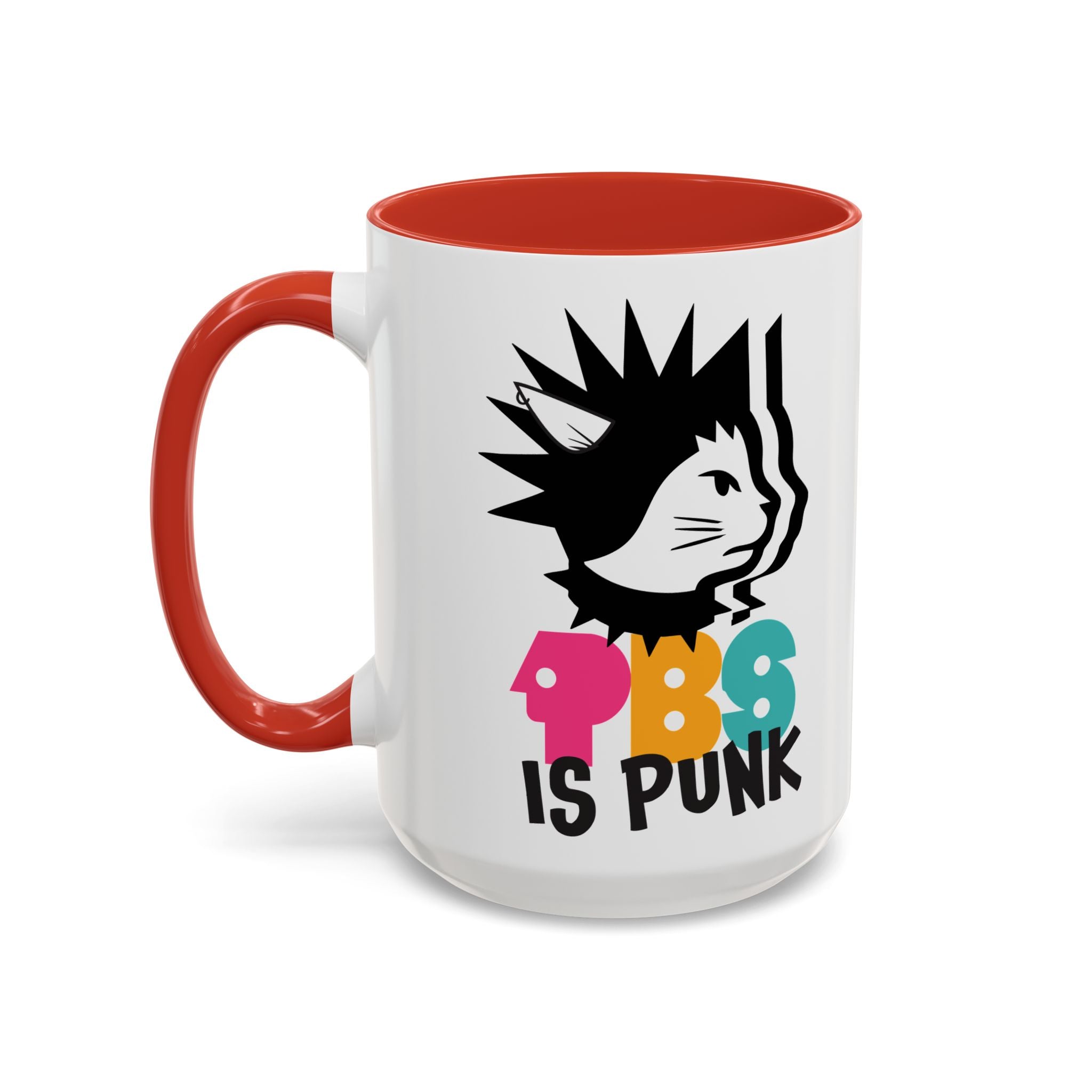 White mug with red handle featuring a graphic design and text on a white background