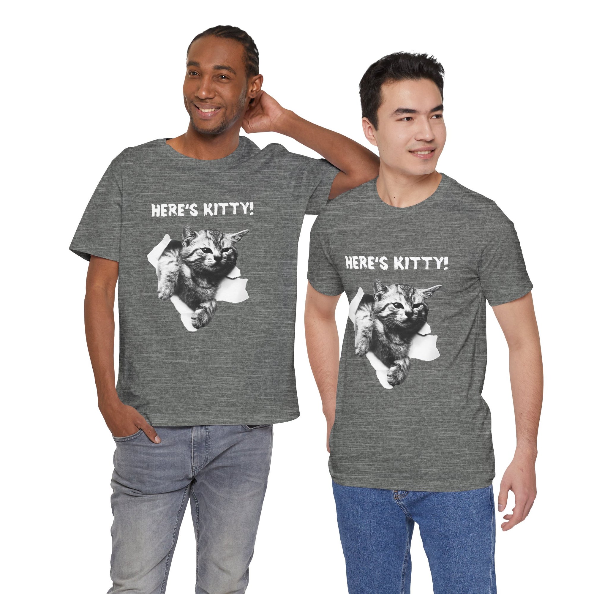 Two men wearing gray t-shirts with a cat graphic and 'Here's Kitty!' text.