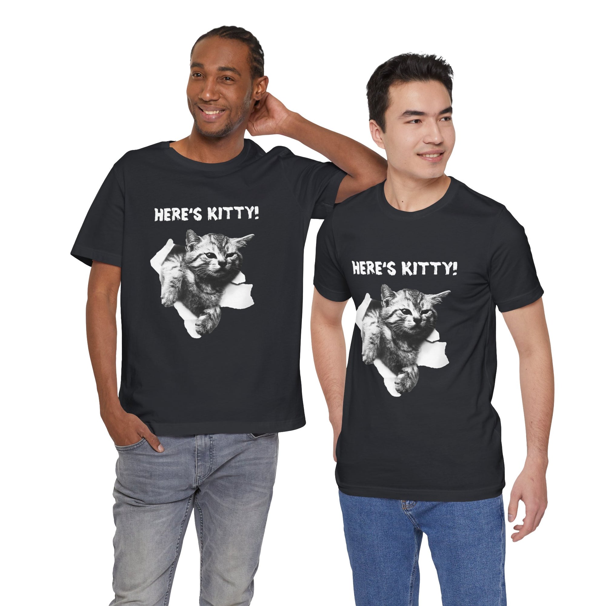 Two men wearing black t-shirts with a cat graphic and 'Here's Kitty!' text.