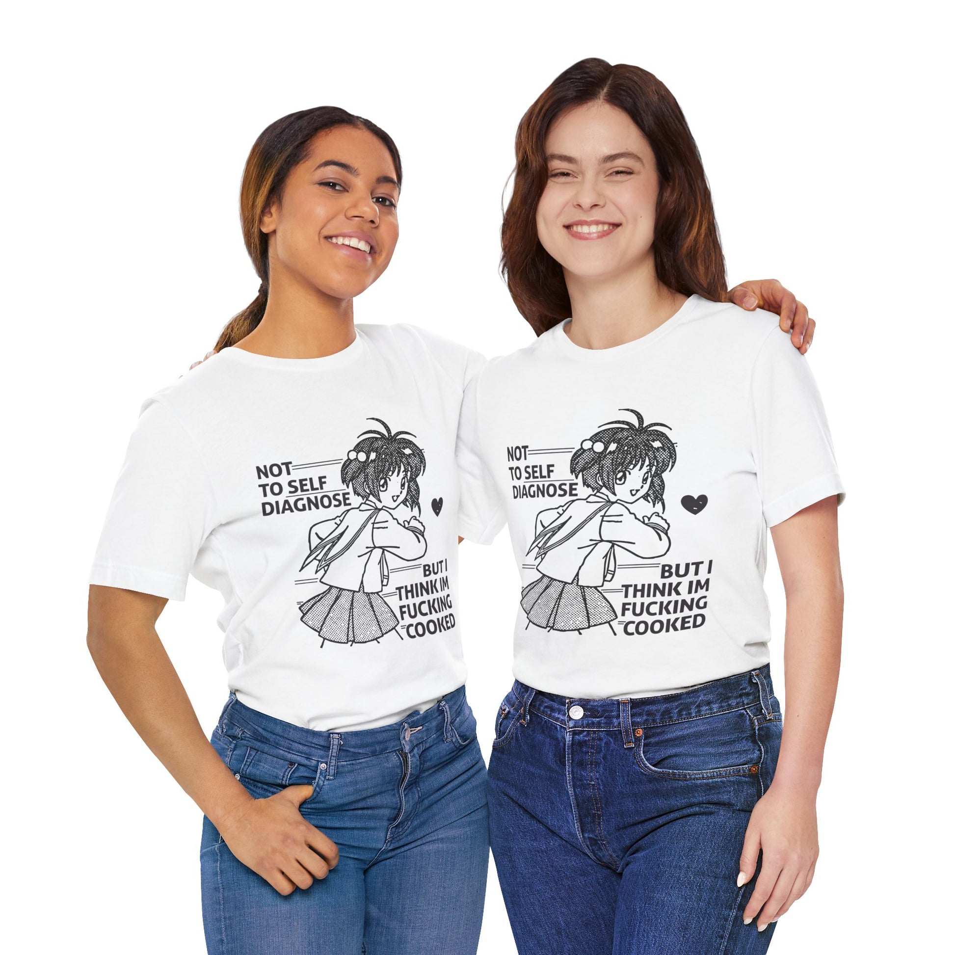 Two women wearing white t-shirts with a graphic design and text, standing side by side against a white background.