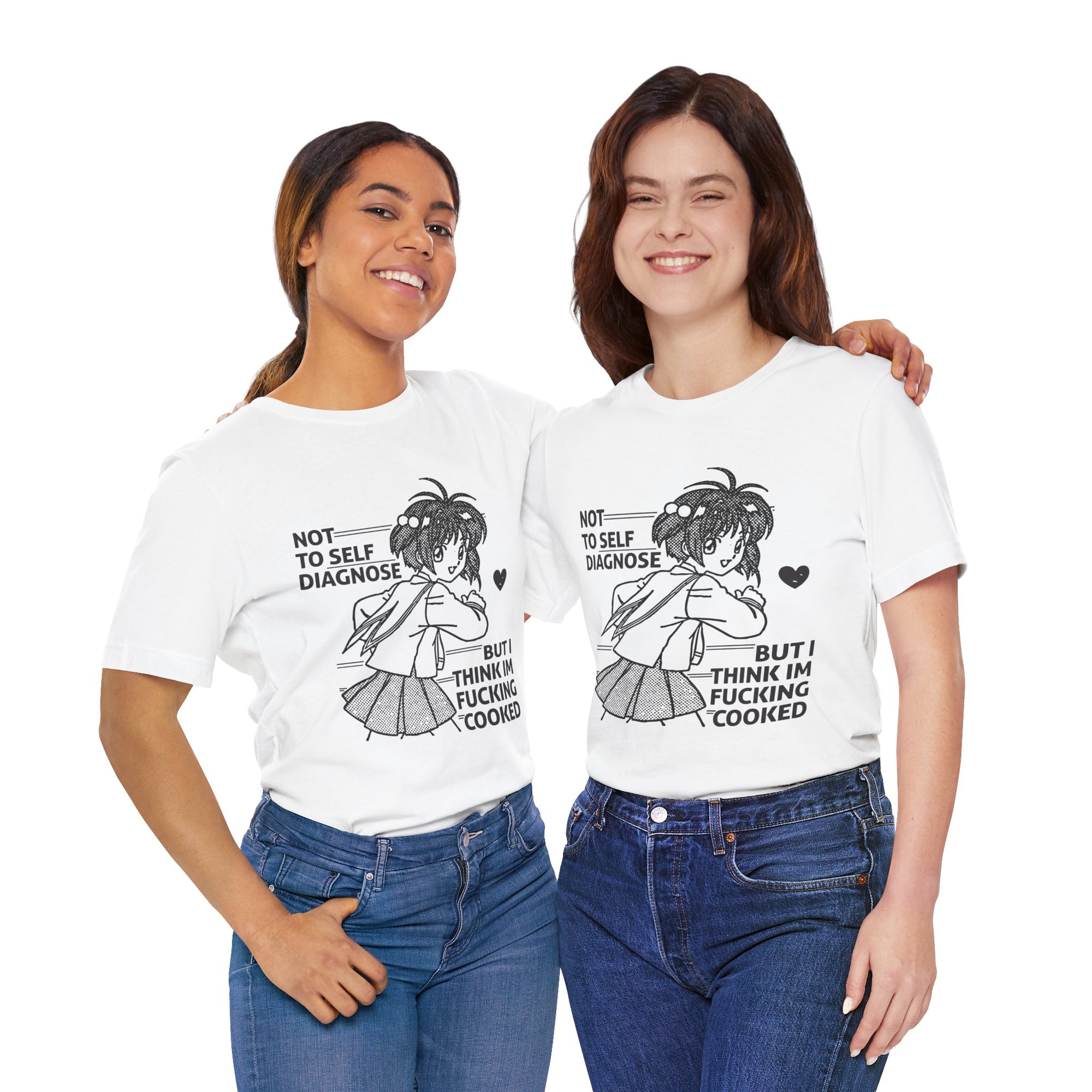 Two women wearing white t-shirts with a graphic design and text, standing side by side against a white background.