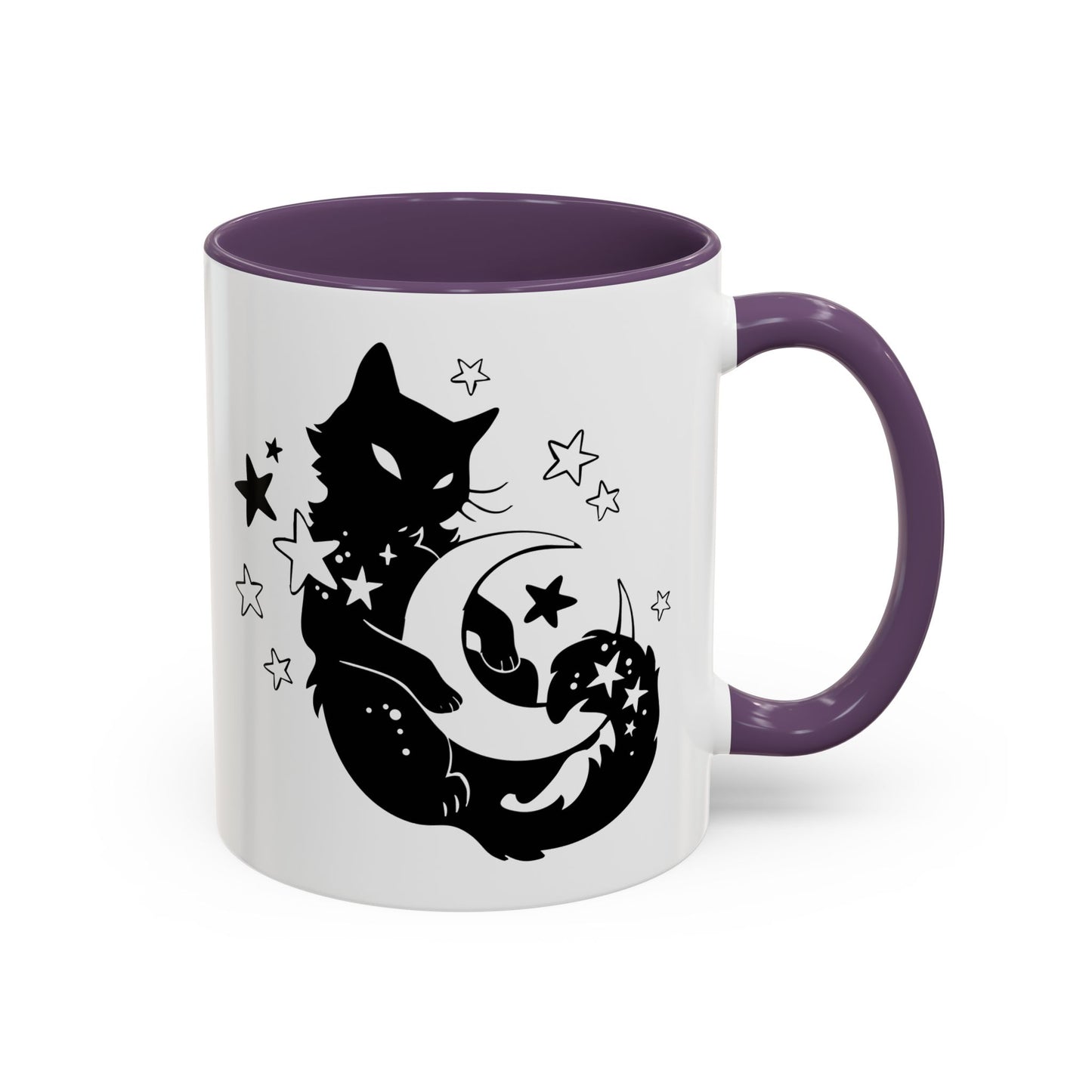White mug with purple interior and handle featuring a black cat and moon design.