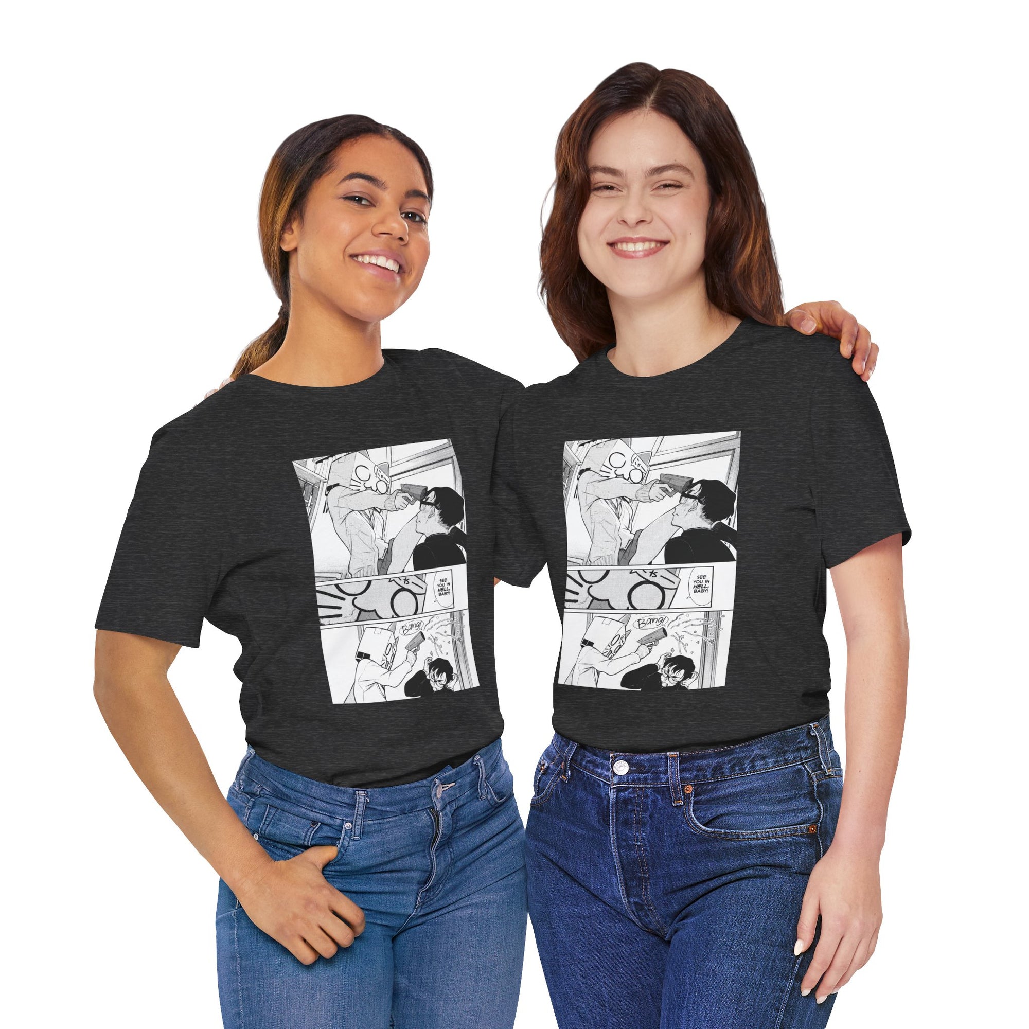 Two people wearing black t-shirts with a comic-style graphic design on a white background