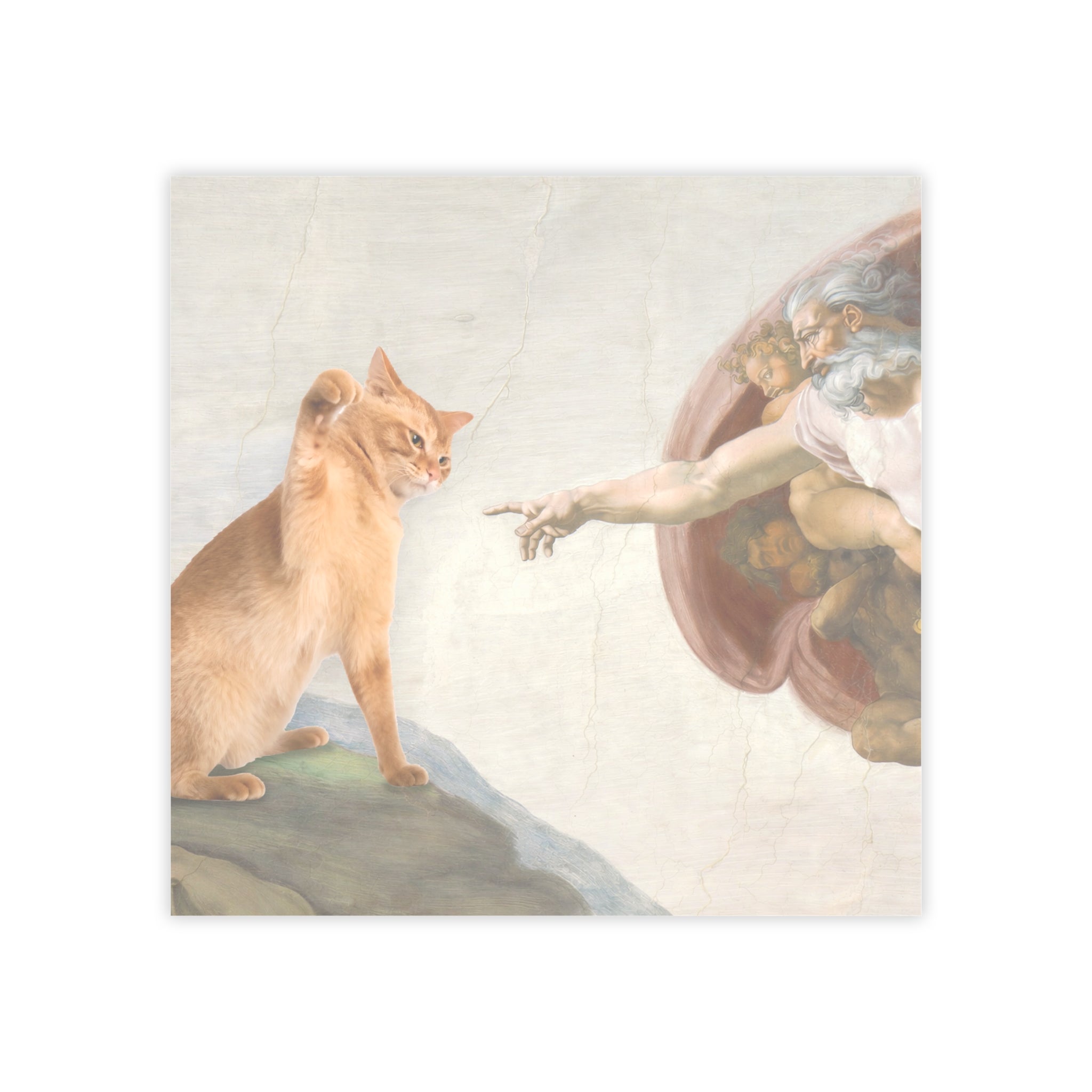 Surreal artwork of a cat reaching out to touch a classical painting