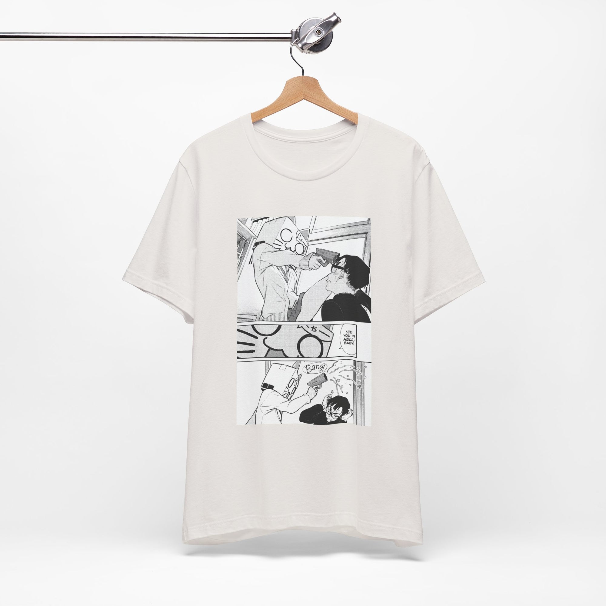 White t-shirt with black comic strip design on a hanger against a white background