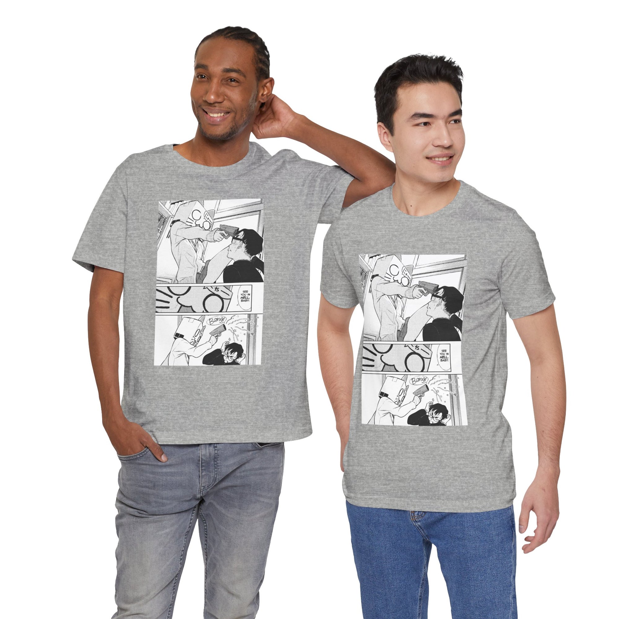 Two men wearing gray t-shirts with comic book design on a white background