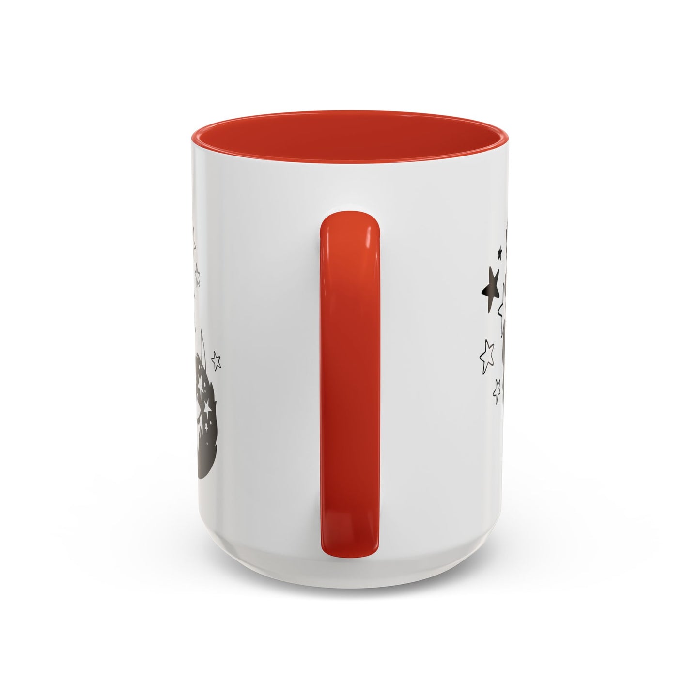 White mug with a red handle and interior on a white background