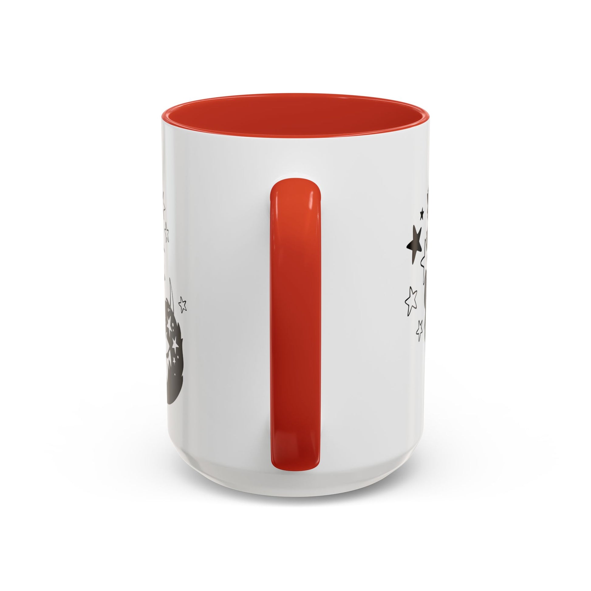 White mug with a red handle and interior on a white background