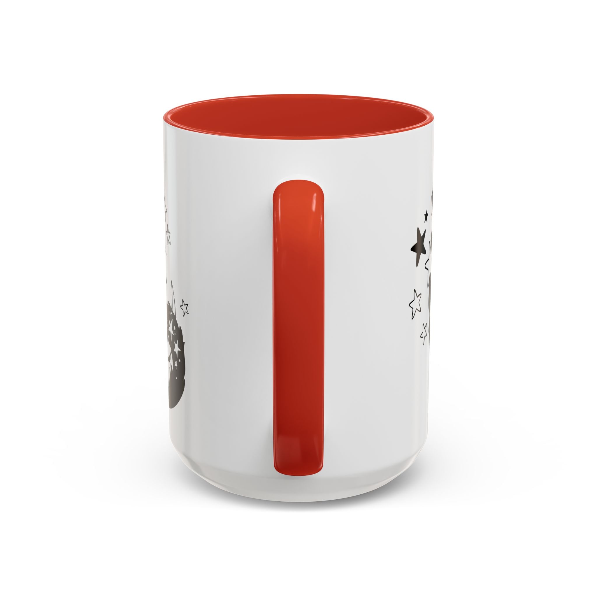 White mug with a red handle and interior on a white background