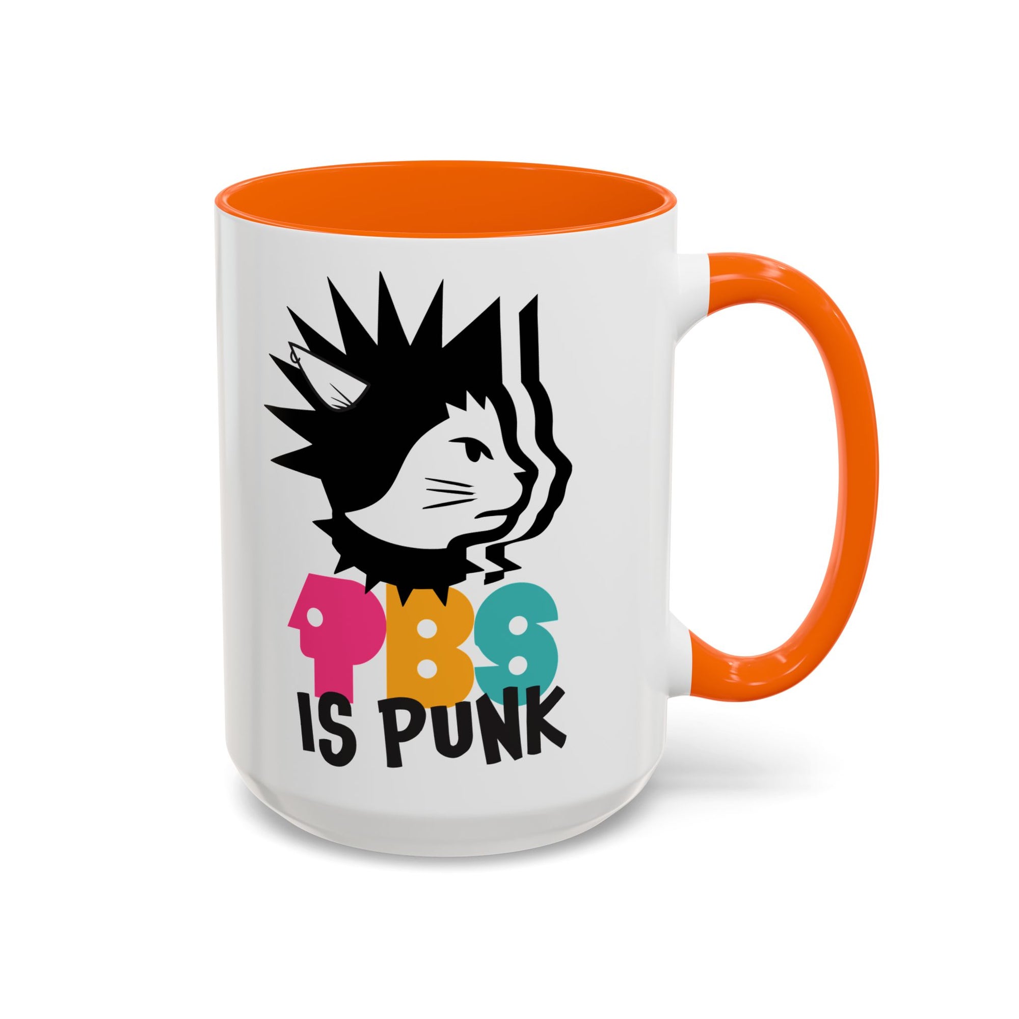 Mug with colorful design and text on a white background
