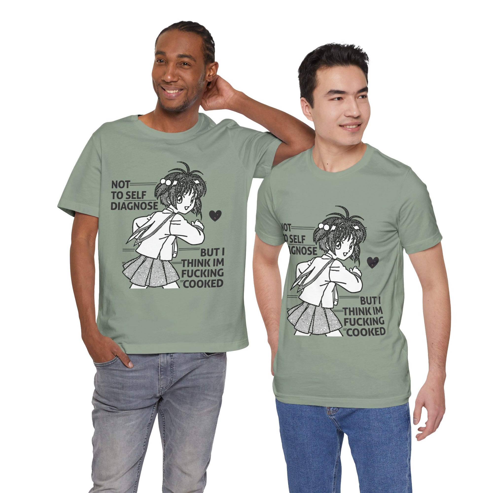Two people wearing green t-shirts with a graphic design and text.