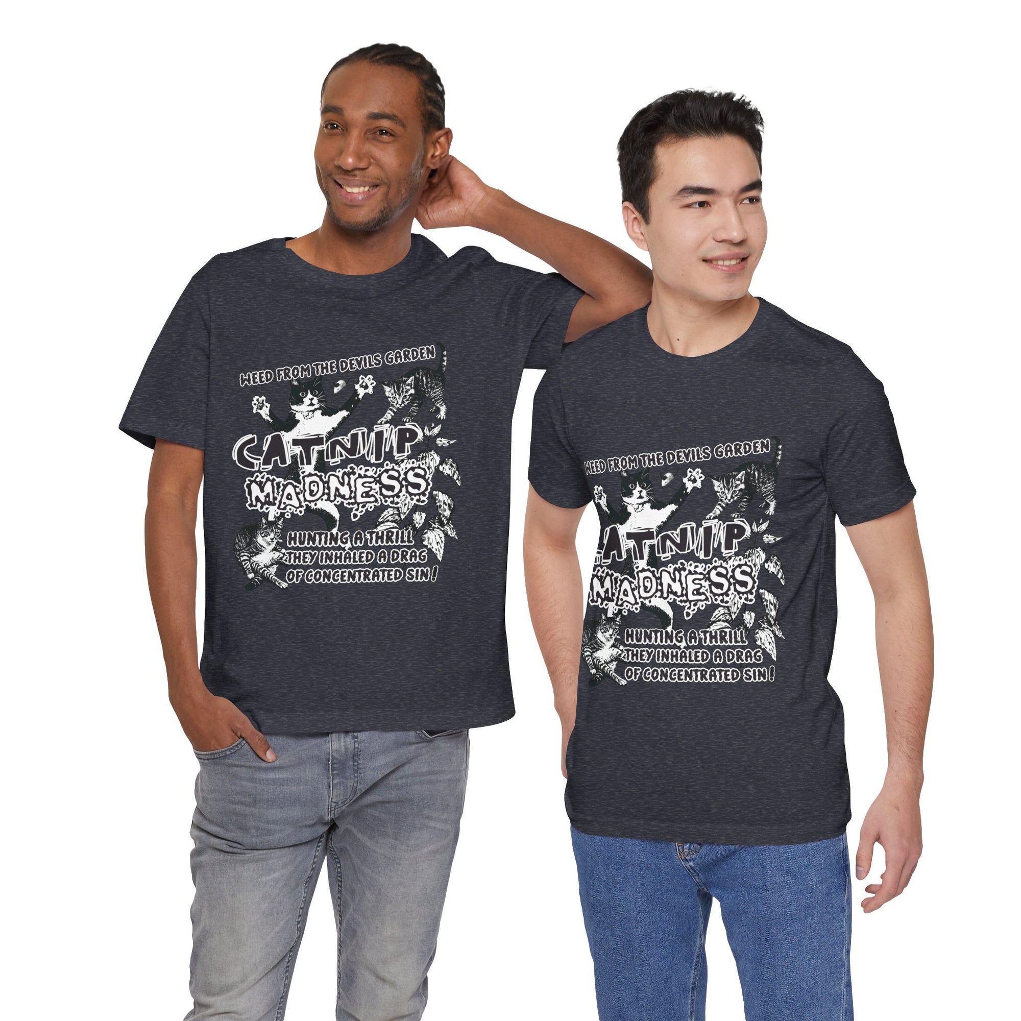 Two men wearing dark gray t-shirts with a graphic design and text.