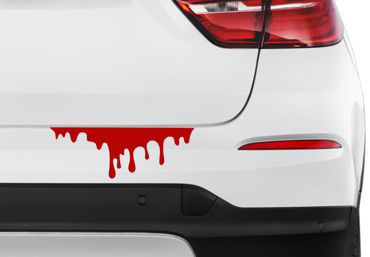Red dripping vinyl decal shown by itself and applied to the rear bumper area of a white car to mimic dripping blood.