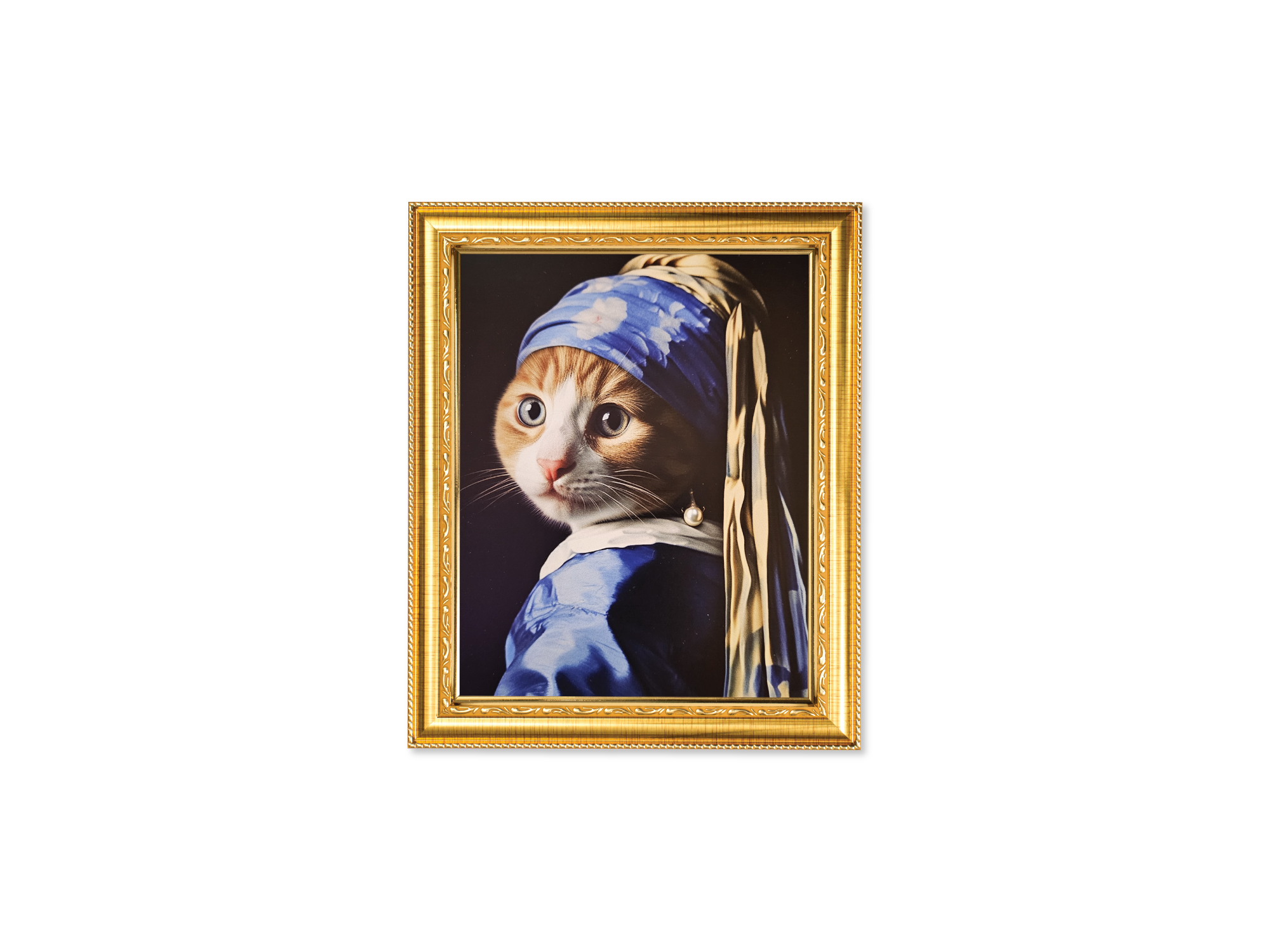 Framed artwork of a cat wearing a blue headband and pearl earring, inspired by Vermeer's 'Girl with a Pearl Earring'.