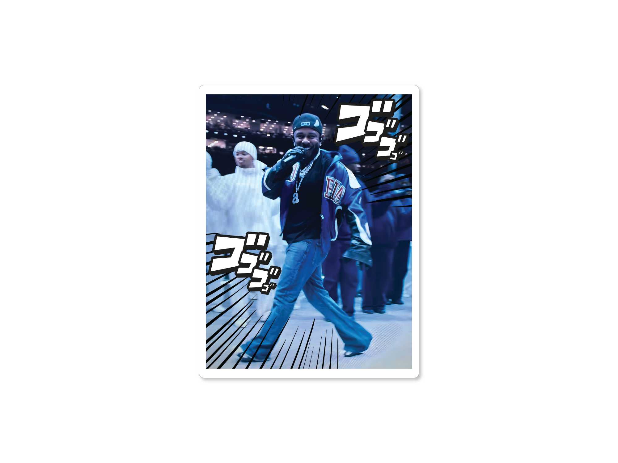 Rectangular photo-style sticker featuring a rapper walking through a blue-toned scene with bold manga-style action text accents.

