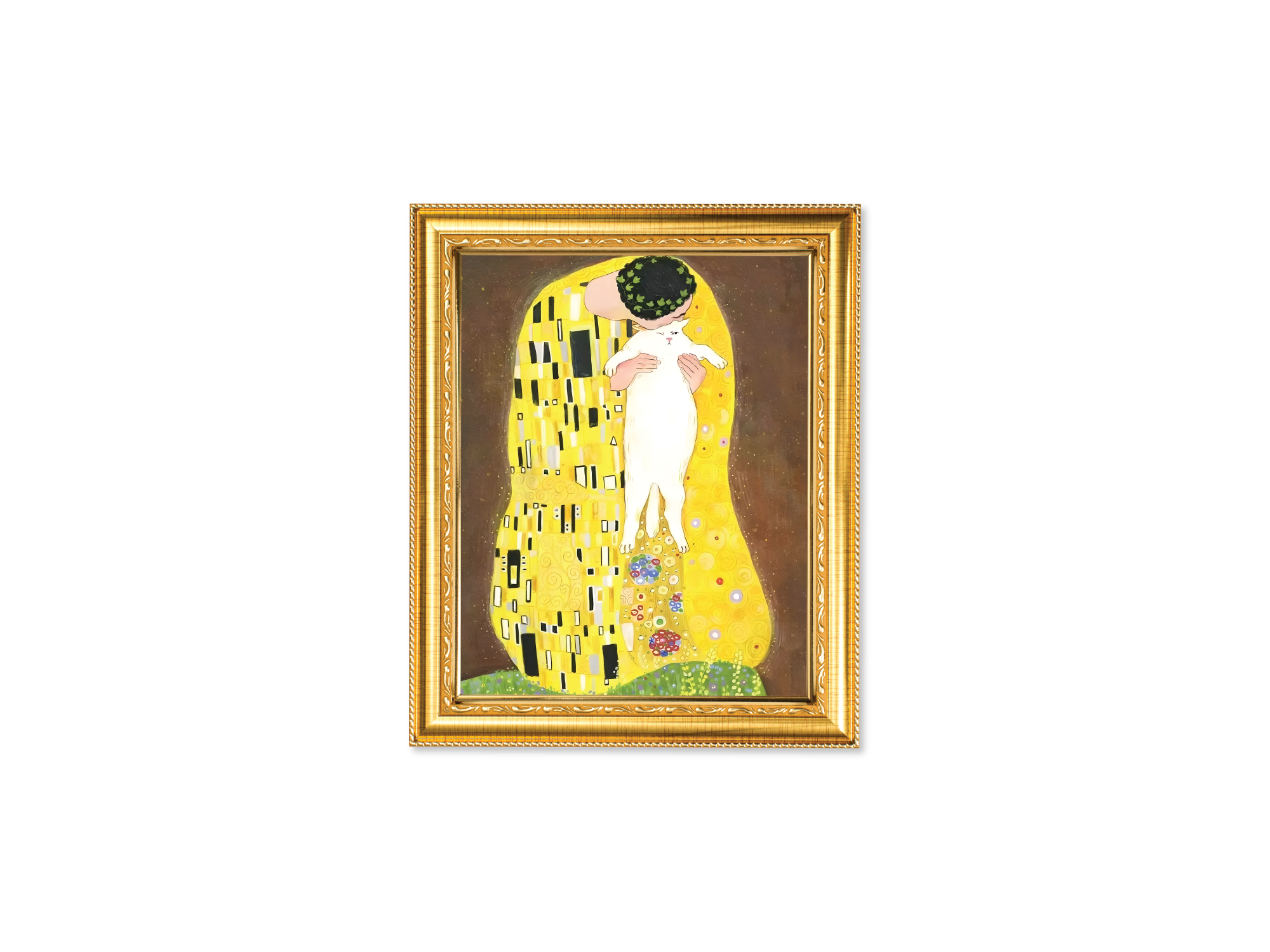 Framed artwork of 'The Kiss' by Gustav Klimt with cat on a white background