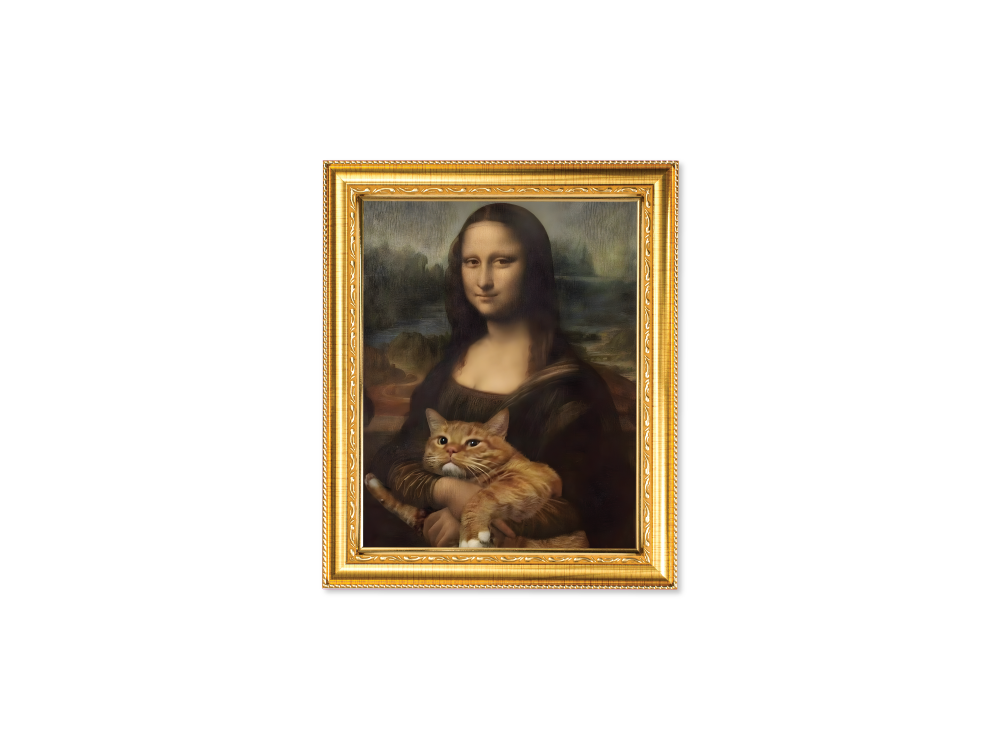 Mona Lisa with a cat in a gold frame on a white background