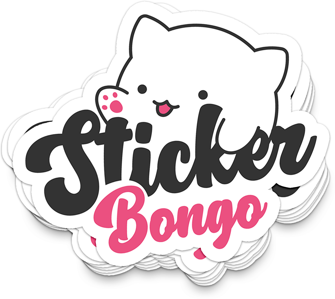 Sticker with 'Sticker Bongo' text and a cartoon cat design on a white background