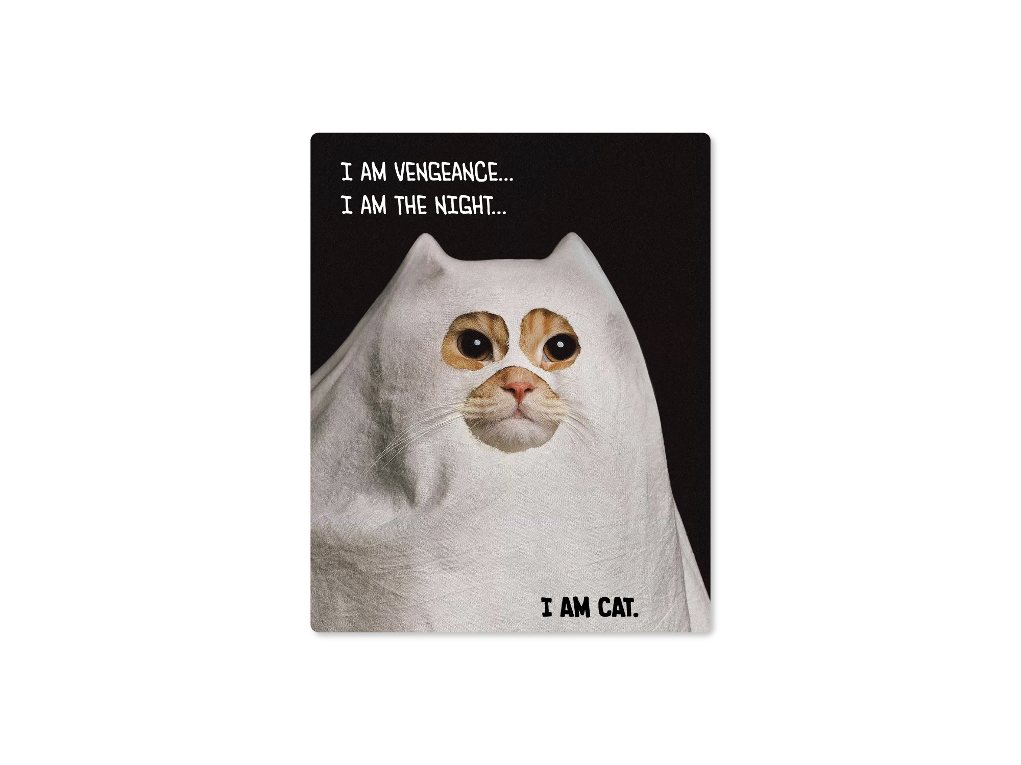 Rectangular sticker featuring a cat wrapped in a ghostly sheet with the phrases “I am vengeance,” “I am the night,” and “I am cat.”
