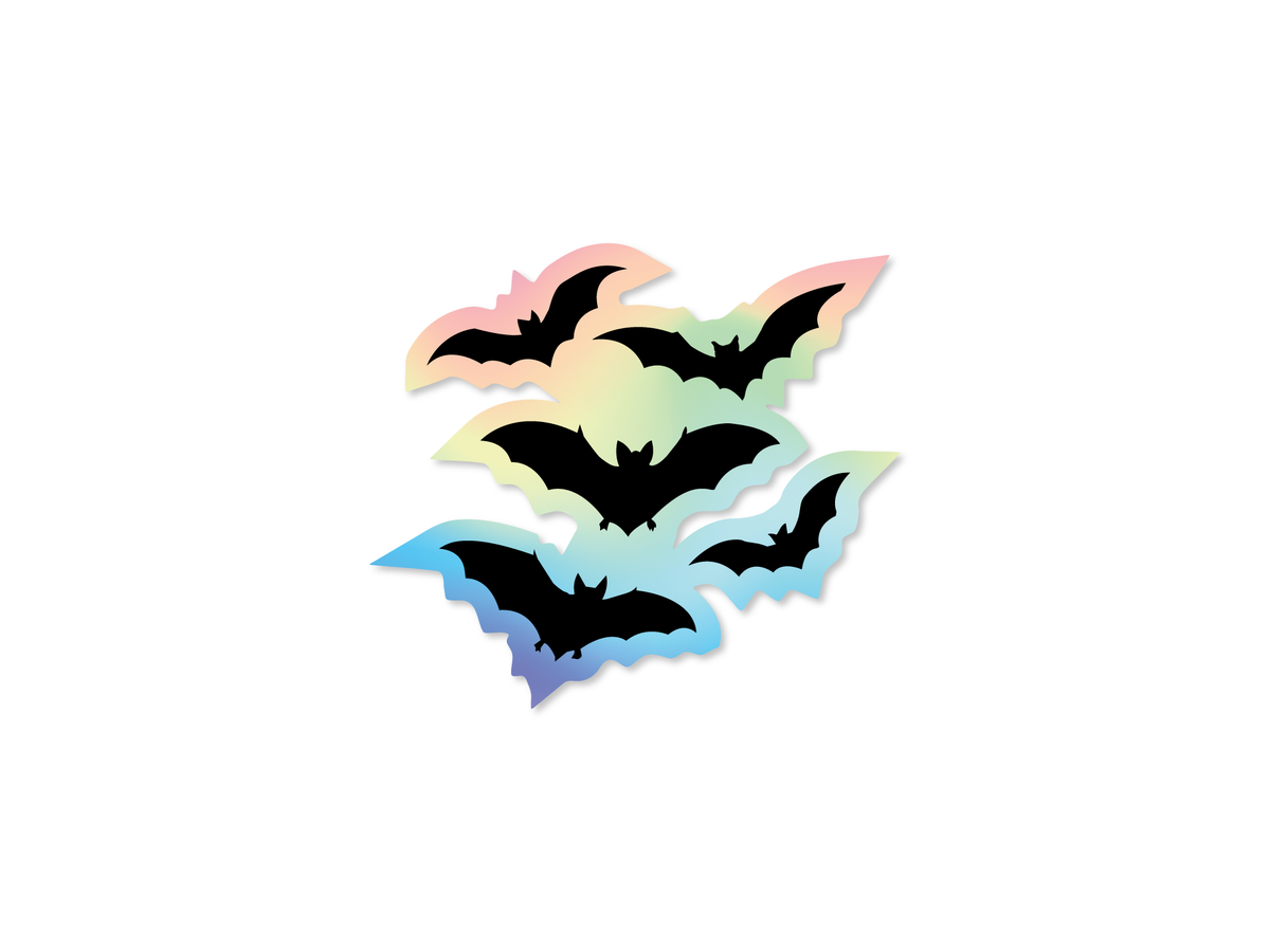 Holographic kiss cut sticker featuring a swarm of black bats with a rainbow reflective border.