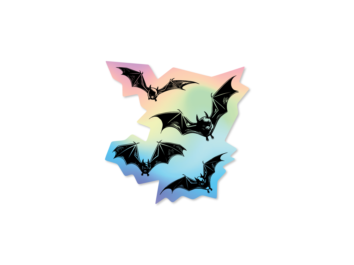 Holographic kiss cut sticker featuring four detailed black sketched bats flying across a rainbow reflective background.