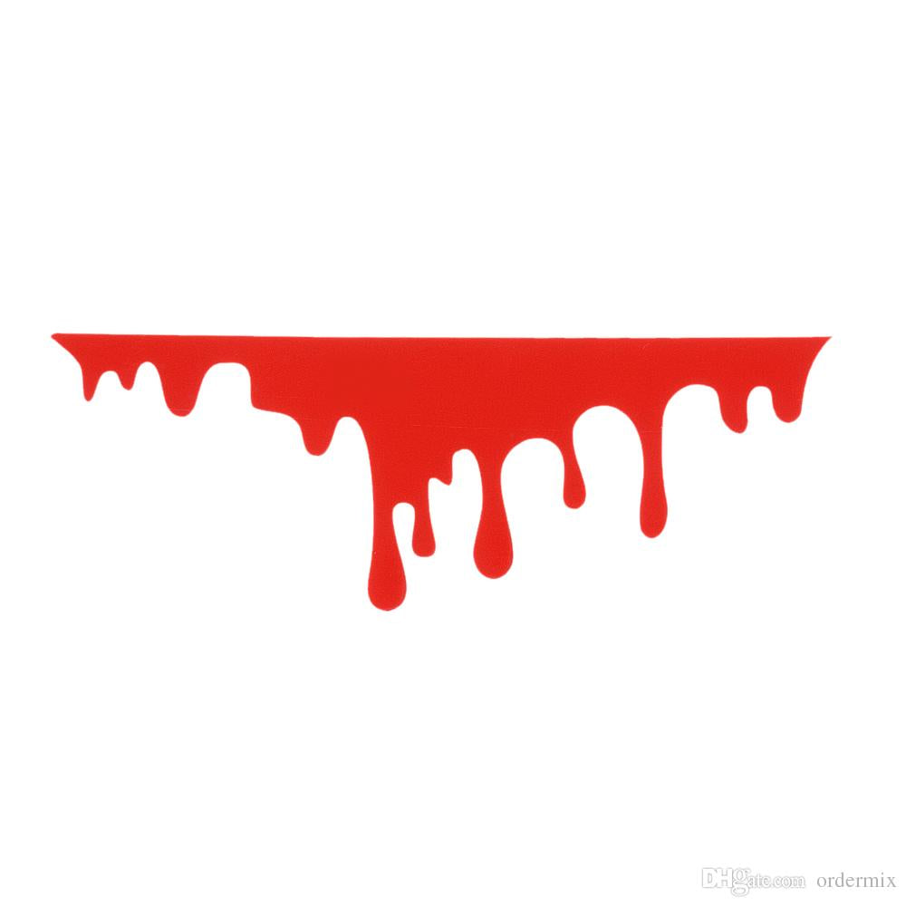 Red dripping vinyl decal shown by itself and applied to the rear bumper area of a white car to mimic dripping blood.
