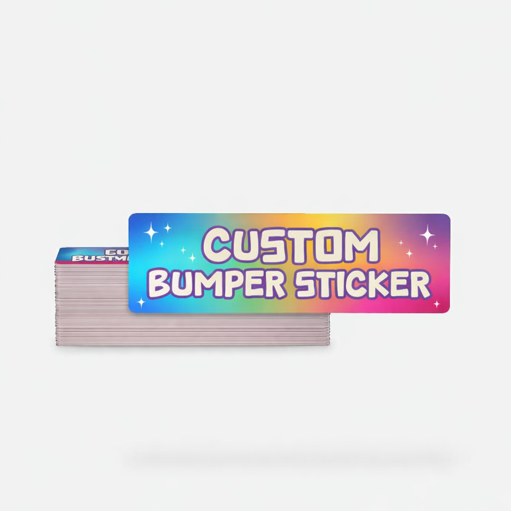 Stack of custom bumper stickers with a colorful design on a white background