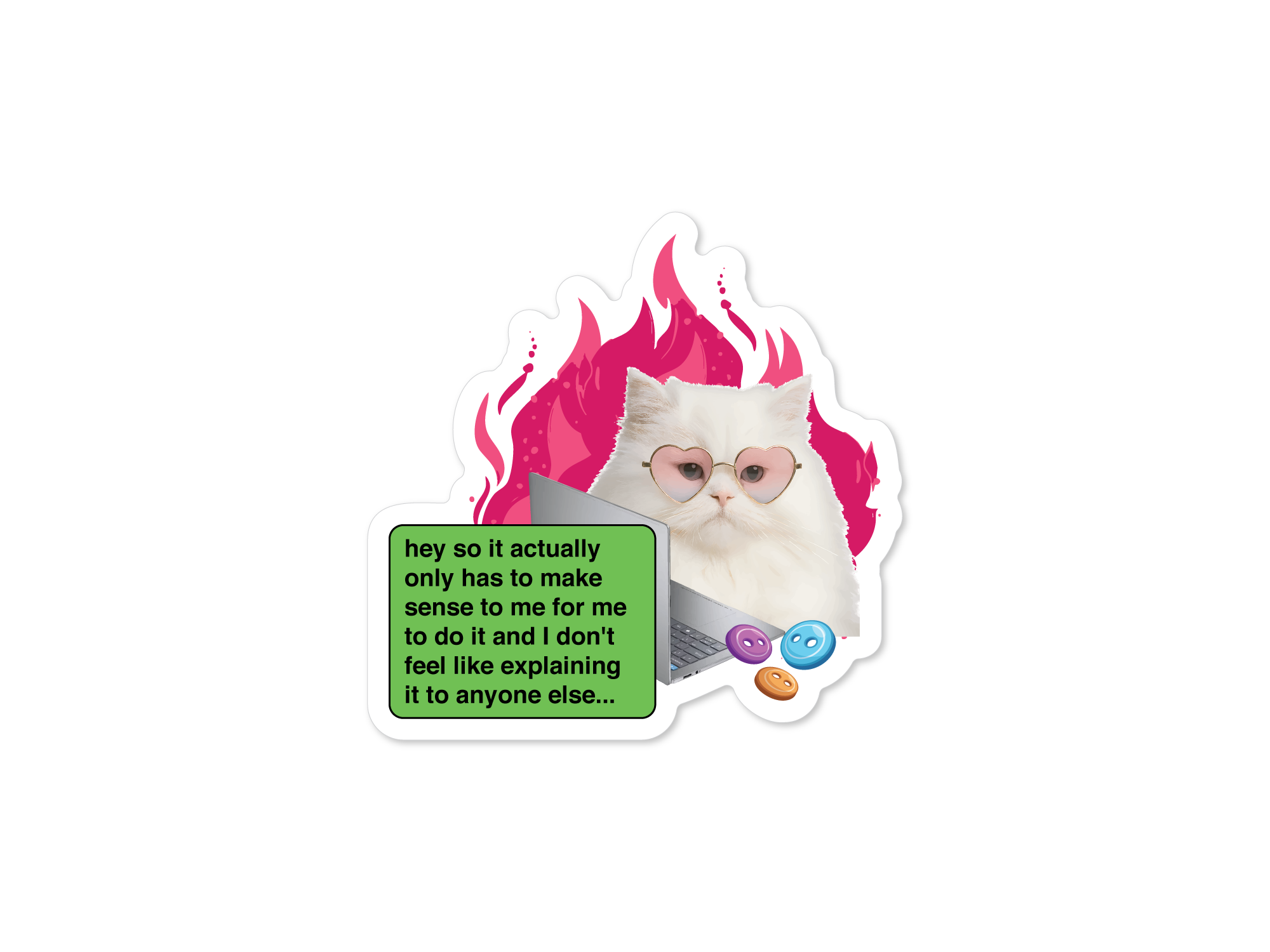 Sticker of a cat with flames, buttons, on a laptop and text bubble on a white background