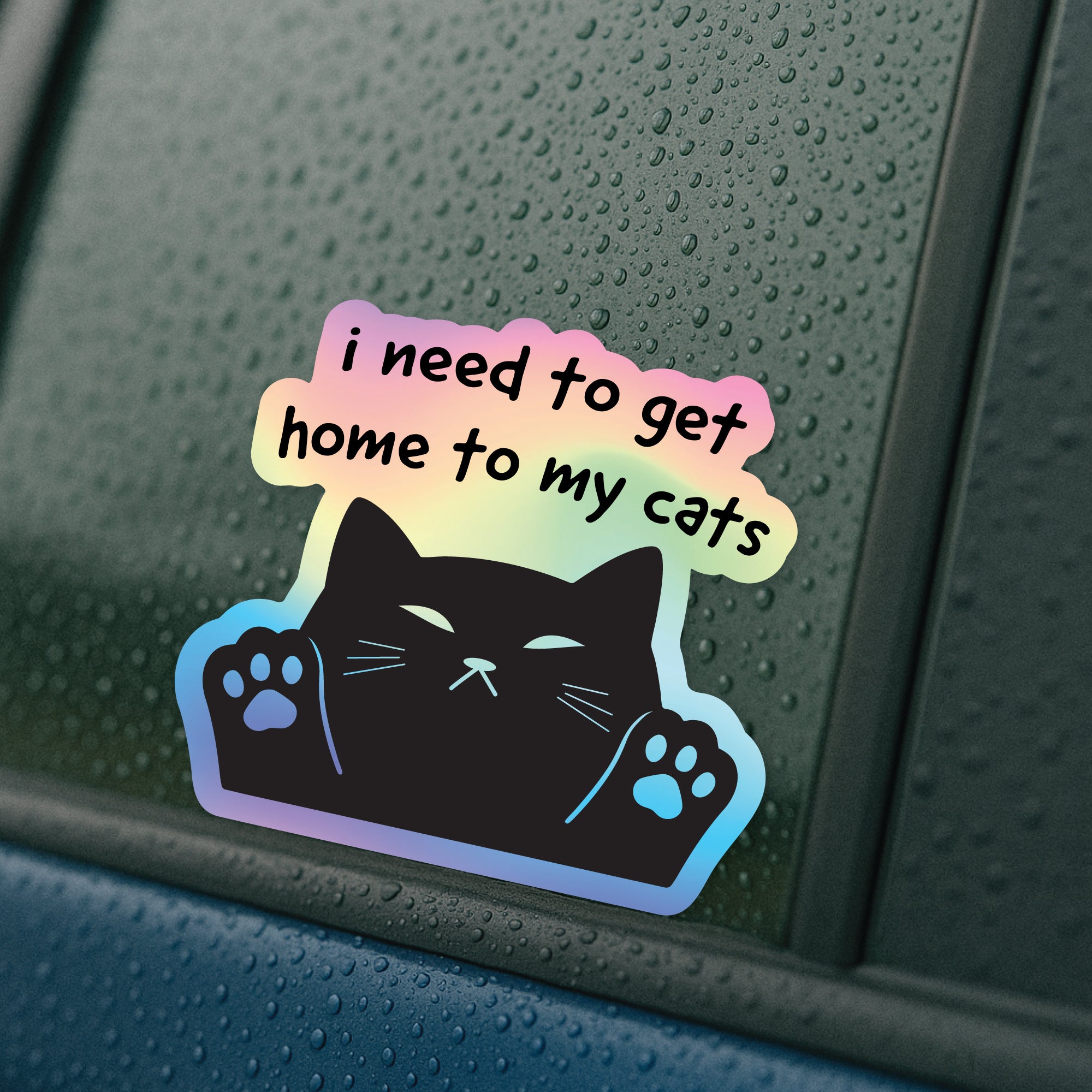 Sticker with a cat and text 'i need to get home to my cats' on a car window.