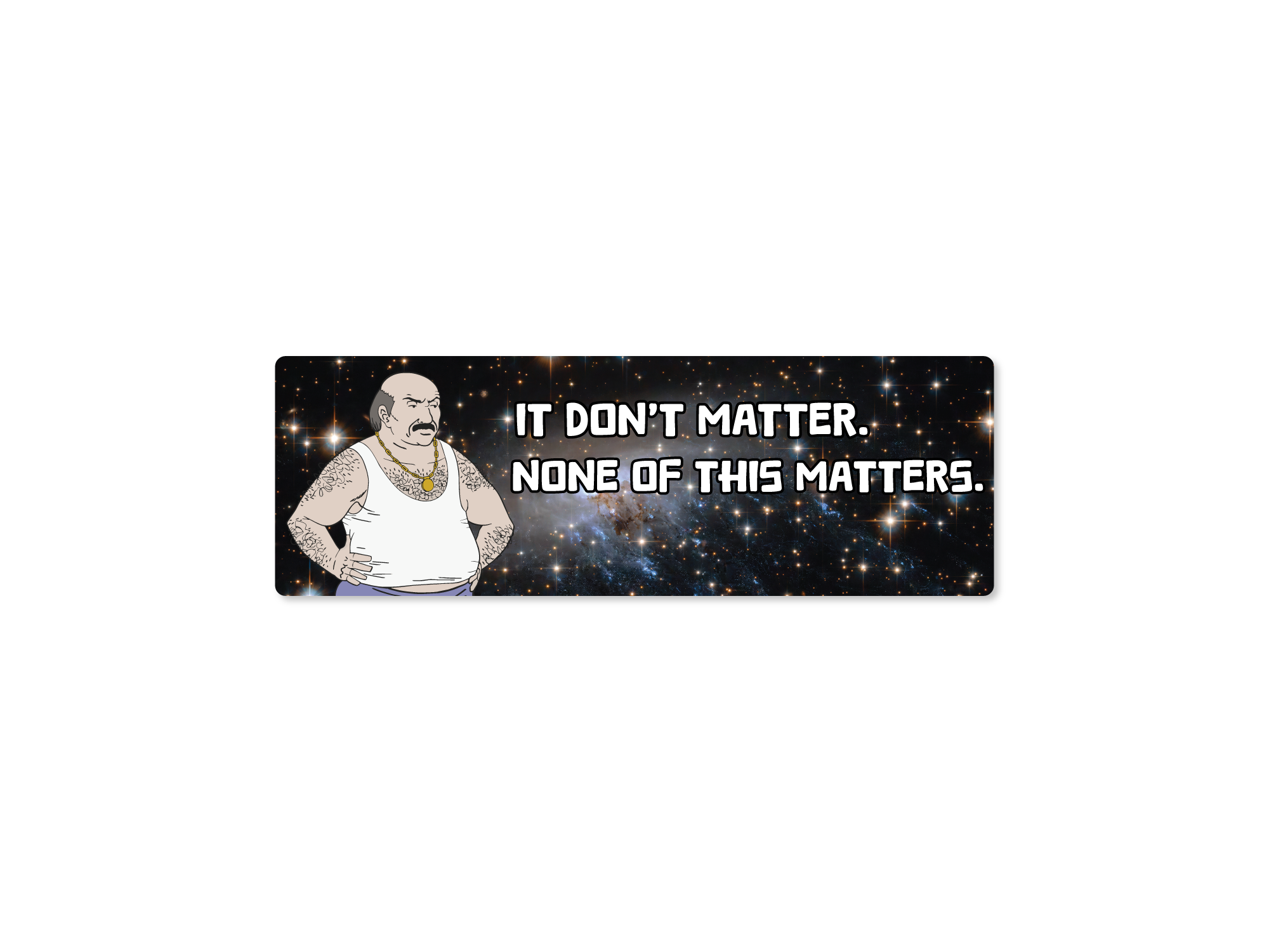 Rectangular bumper sticker featuring Carl from Aqua Teen Hunger Force on a galaxy background with the text “It Don’t Matter. None of This Matters.”
