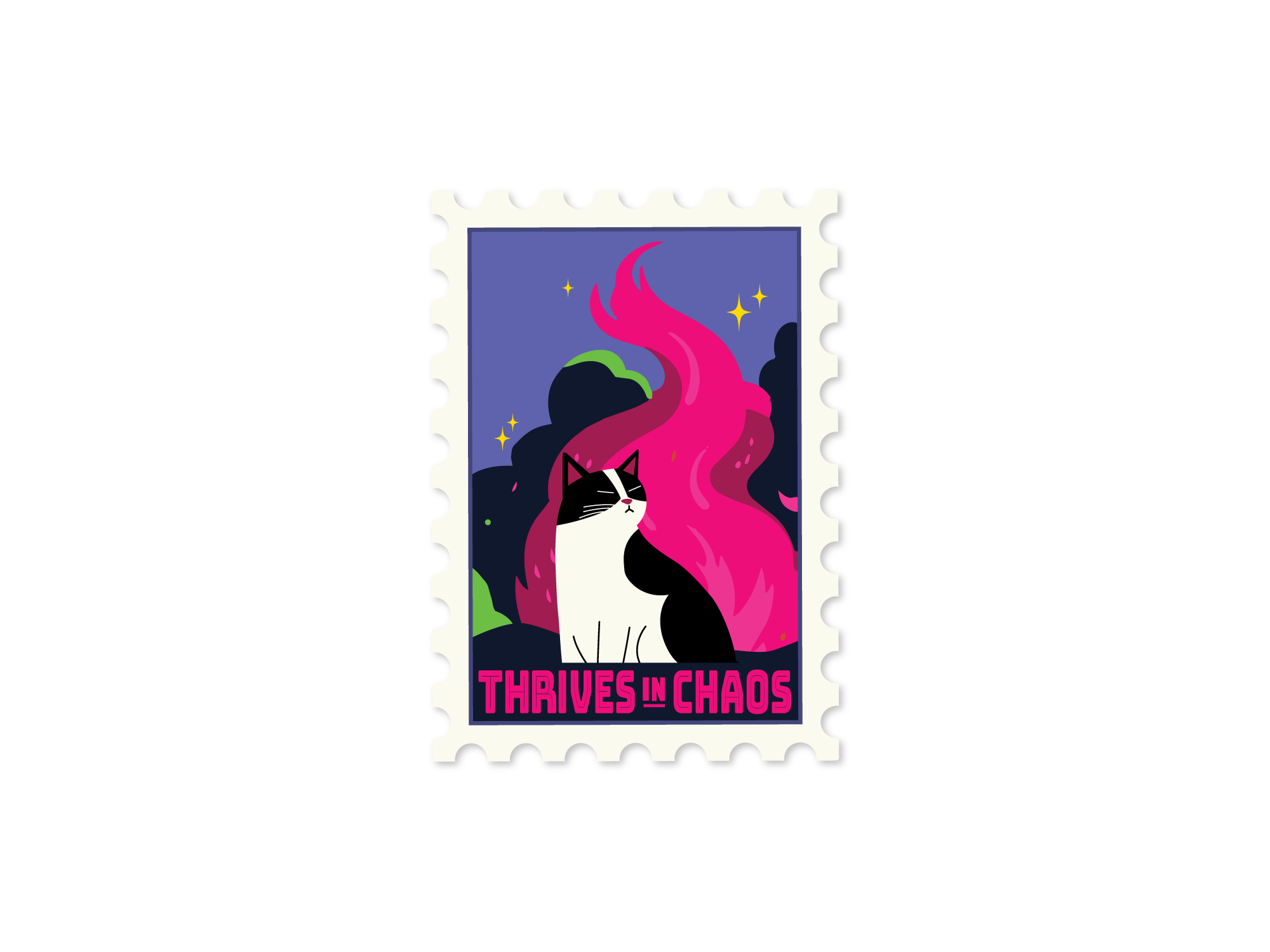 Postage stamp-style vinyl sticker with a black-and-white cat sitting in front of bright pink flames and the phrase “Thrives in Chaos.”
