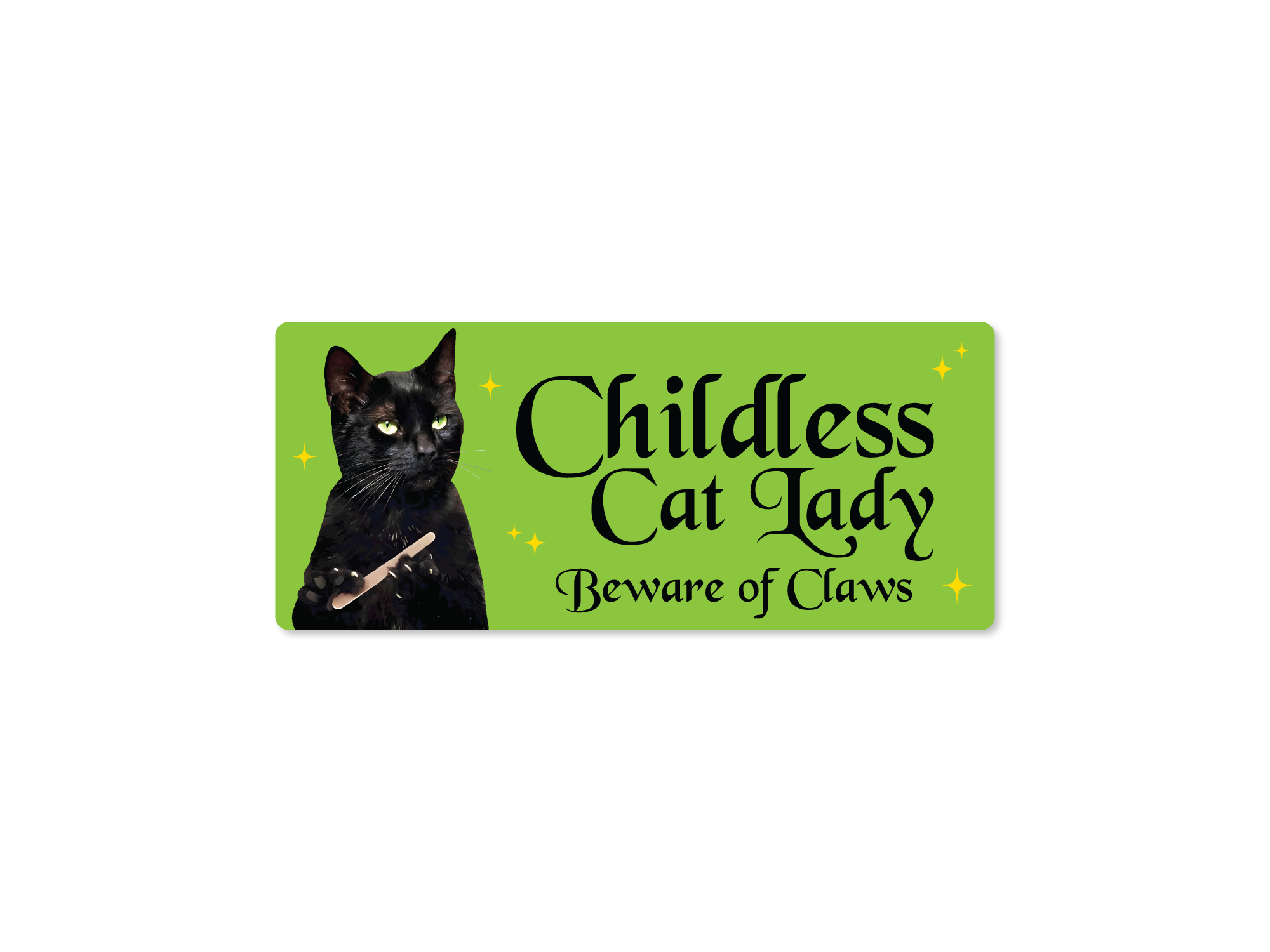 Rectangular sticker with a black cat holding a nail file beside the words “Childless Cat Lady” and “Beware of Claws,” shown in white and holographic versions.