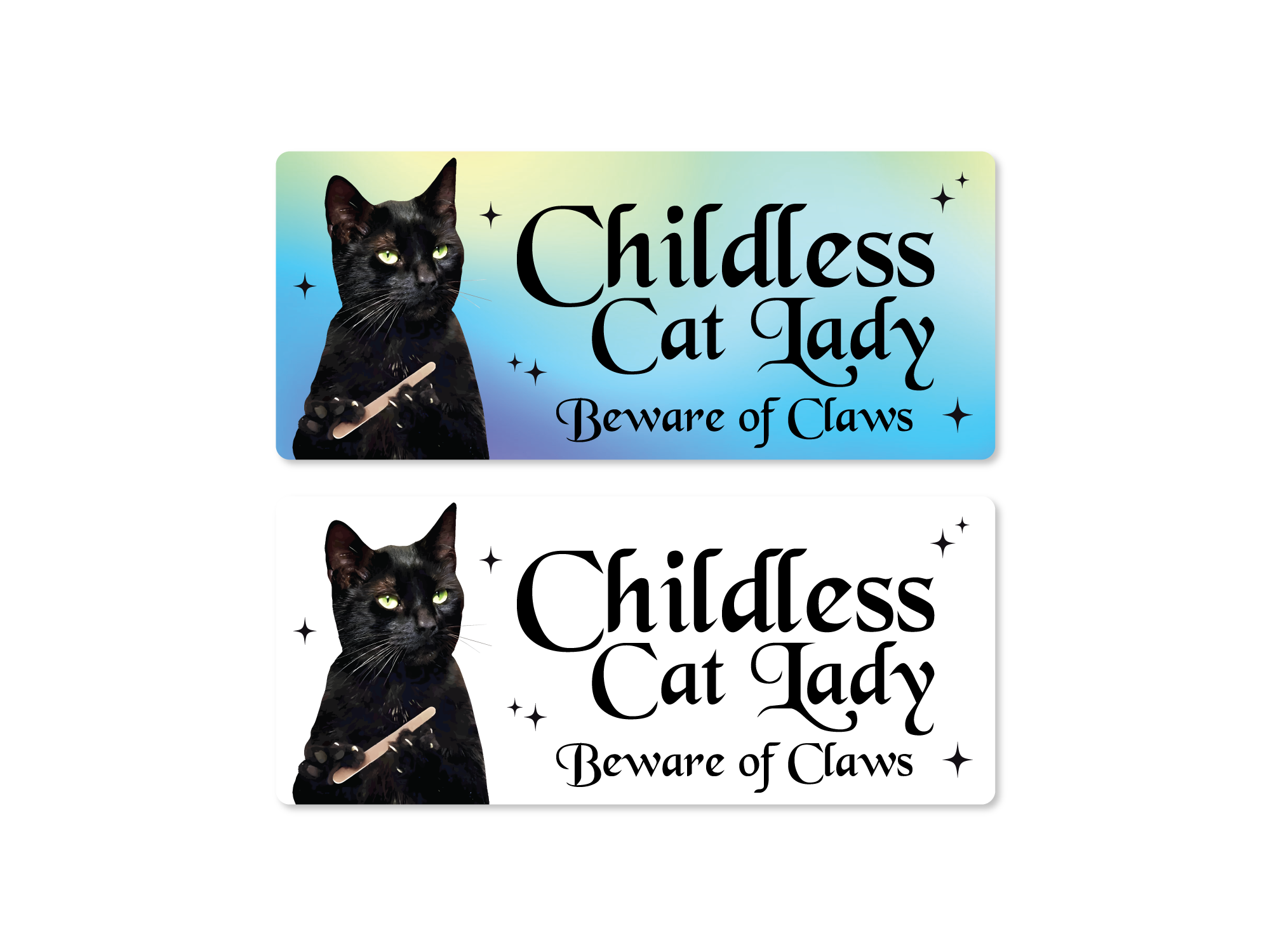 Two stickers featuring a black cat and the text 'Childless Cat Lady Beware of Claws' on a gradient background.