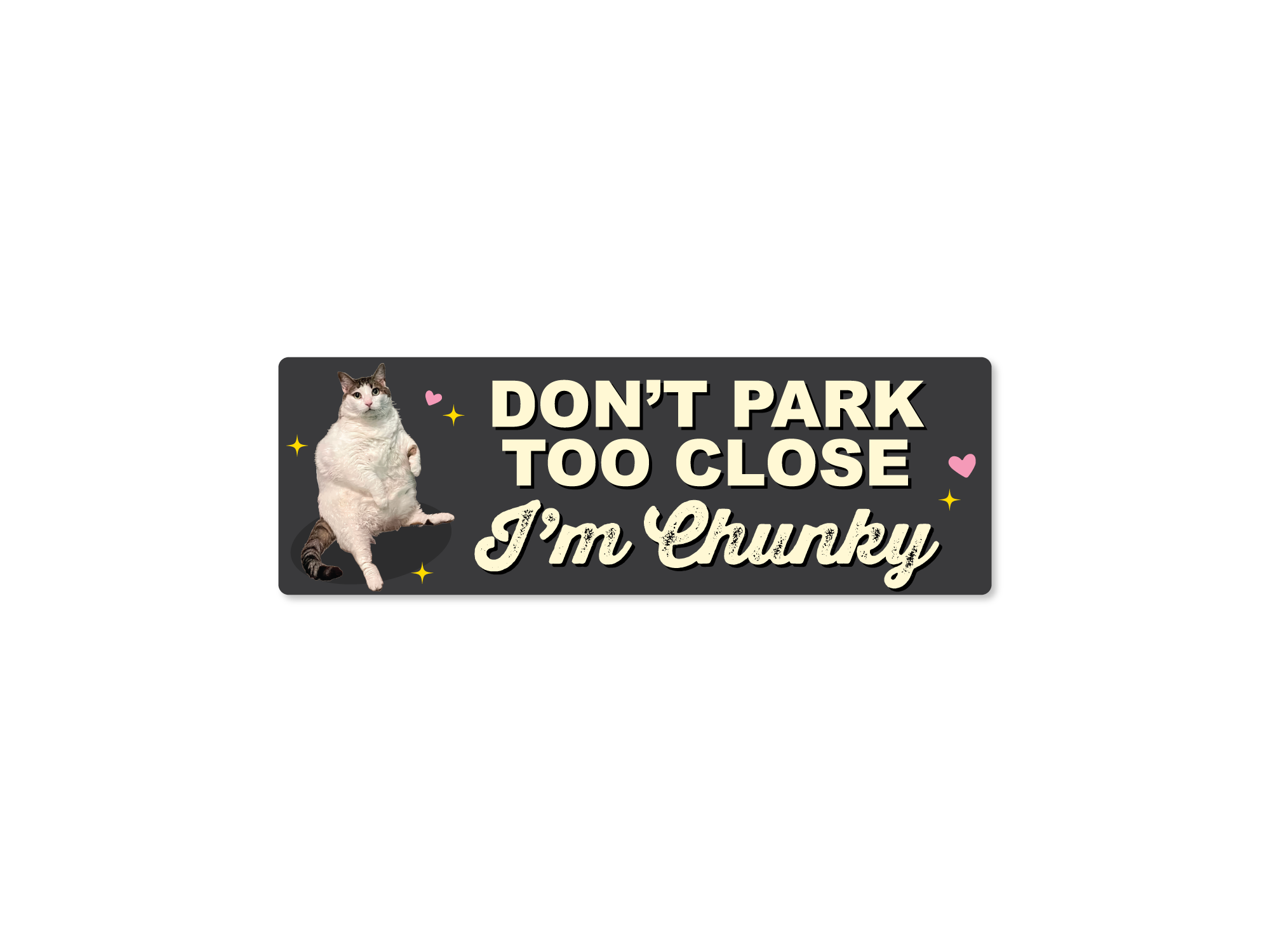 A bumper sticker with a dark charcoal background featuring a photo of a fat cat on the left and the text 'DON'T PARK TOO CLOSE I'm Chunky' in cream and light pink lettering, accented with small pink and yellow hearts.