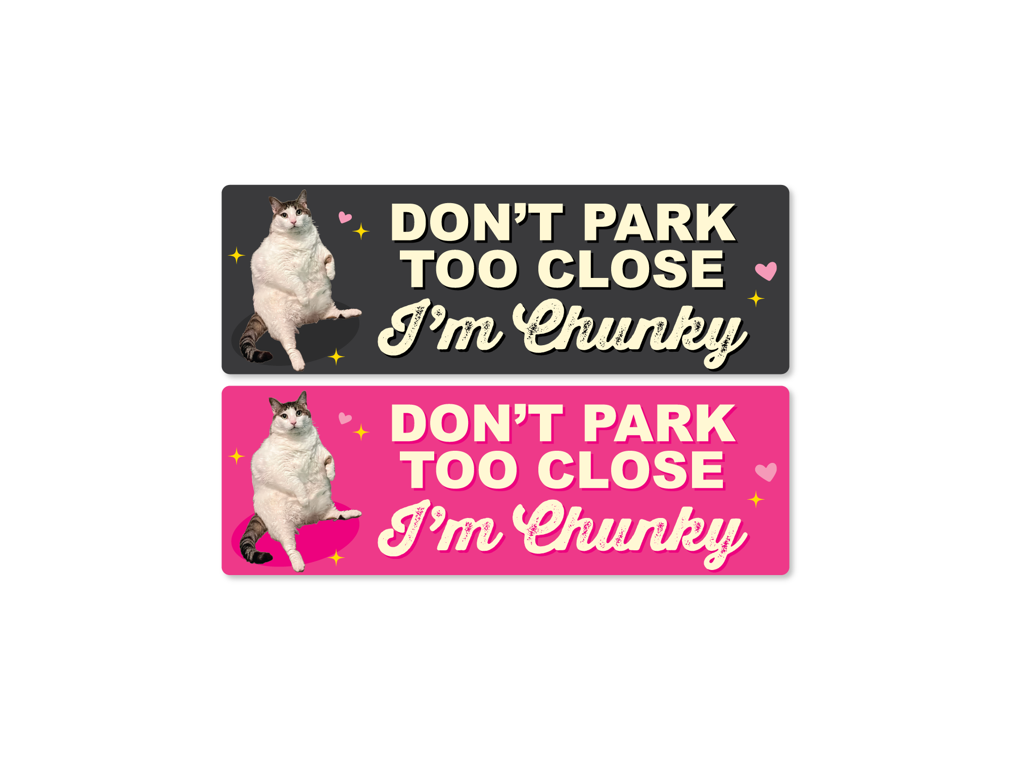 Two 9x3 bumper stickers with the phrase “Don’t Park Too Close, I’m Chunky,” featuring a round sitting cat with hearts and sparkles in dark gray and pink color options.