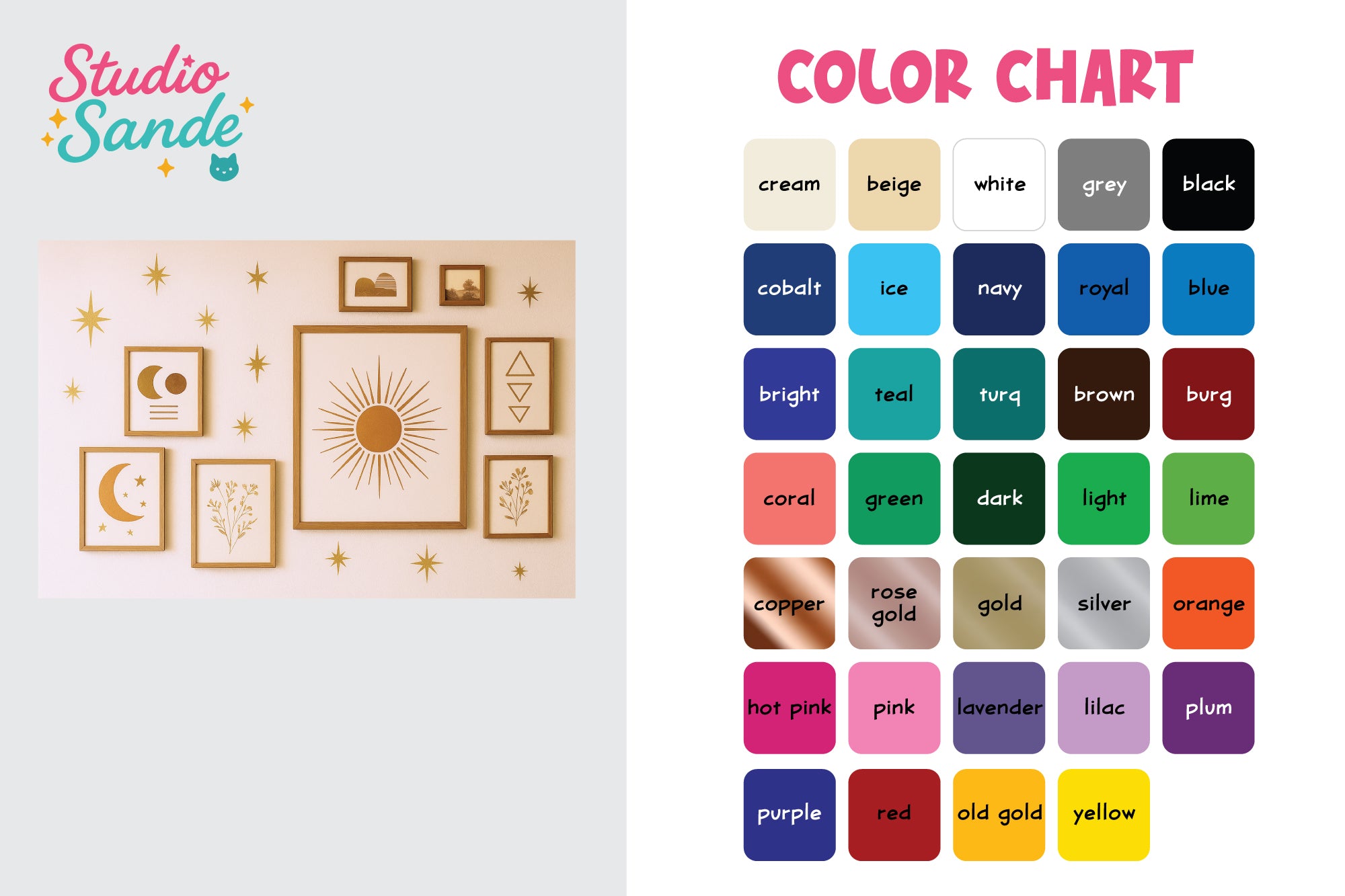 Color chart for Studio Sande with color swatches and names.