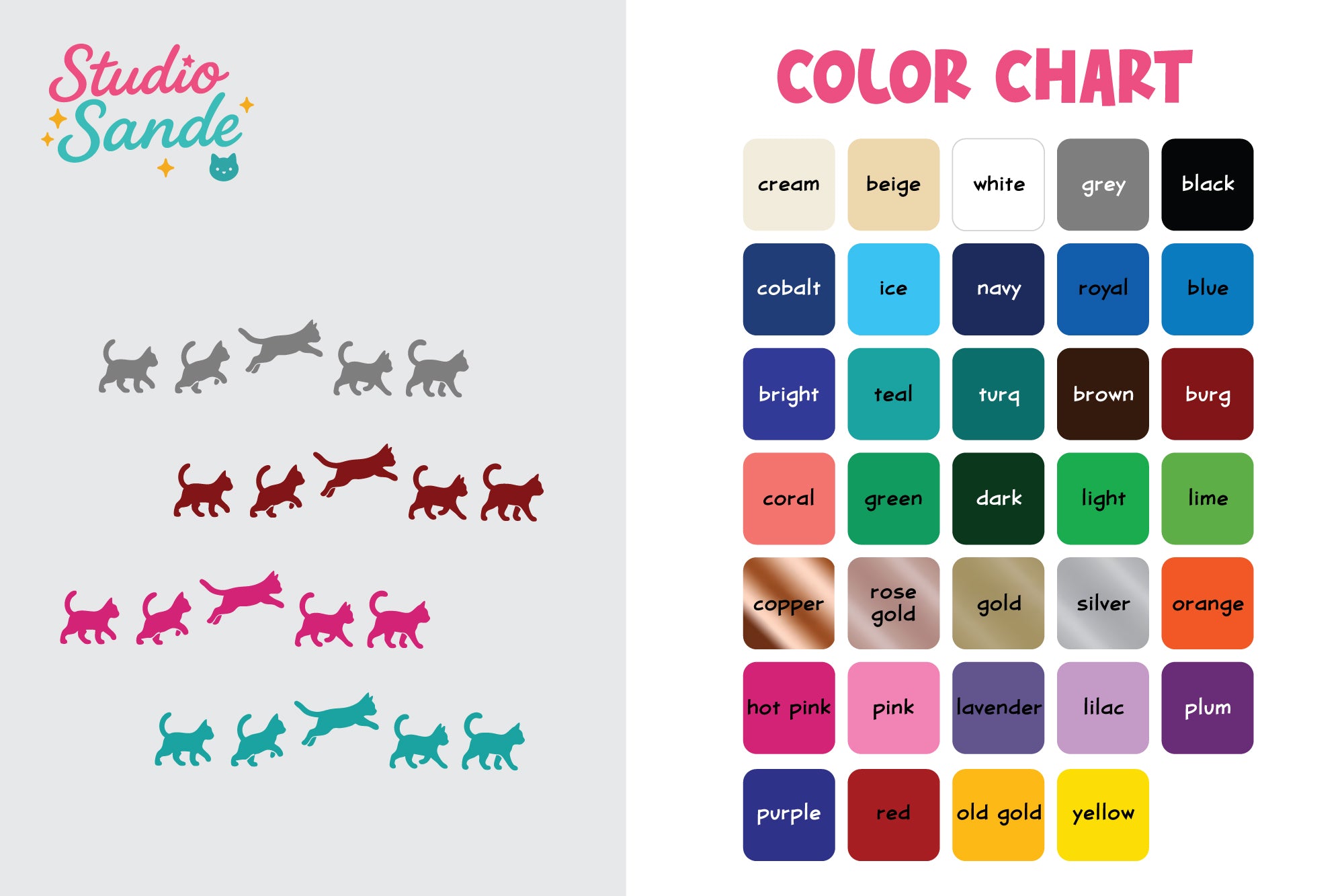 Color chart with cat illustrations and color swatches labeled by name, featuring Studio Sande branding.