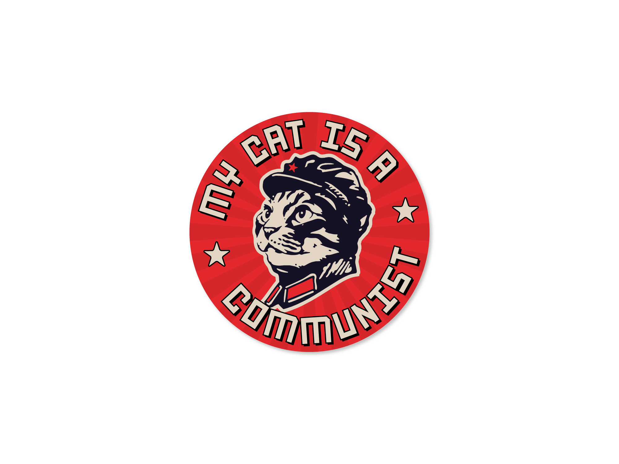 Circular sticker with a cat wearing a hat and the text 'My cat is a communist' on a red background.