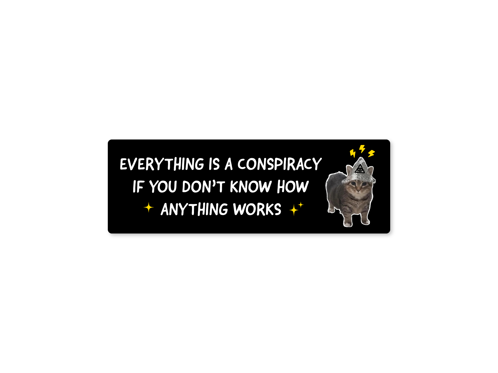 Black rectangular bumper sticker with white text that says “Everything Is a Conspiracy If You Don’t Know How Anything Works,” plus a cat wearing a tinfoil hat.
